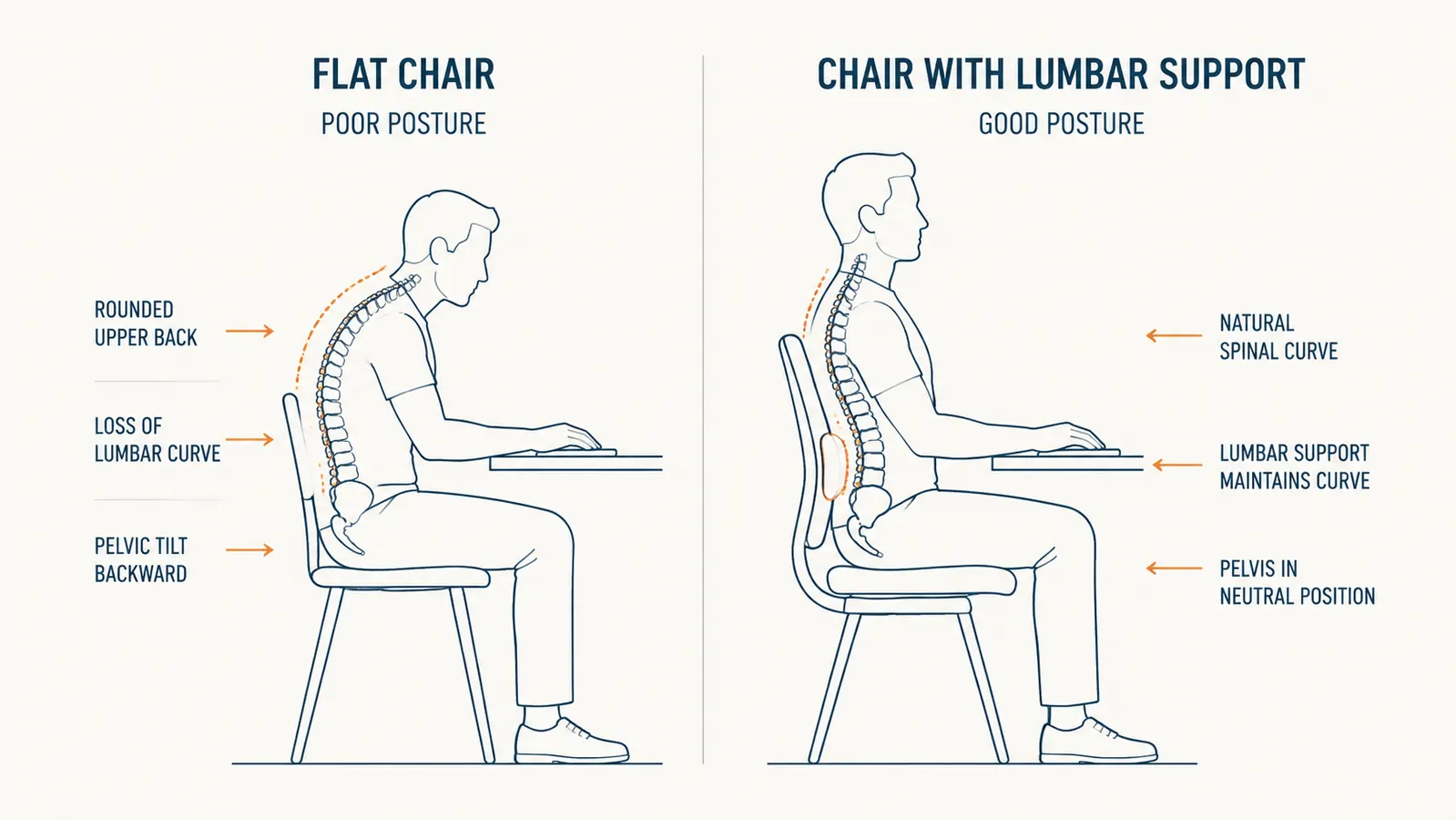 Diagram comparing spine curvature in a flat office chair versus a properly adjusted ergonomic chair with lumbar support