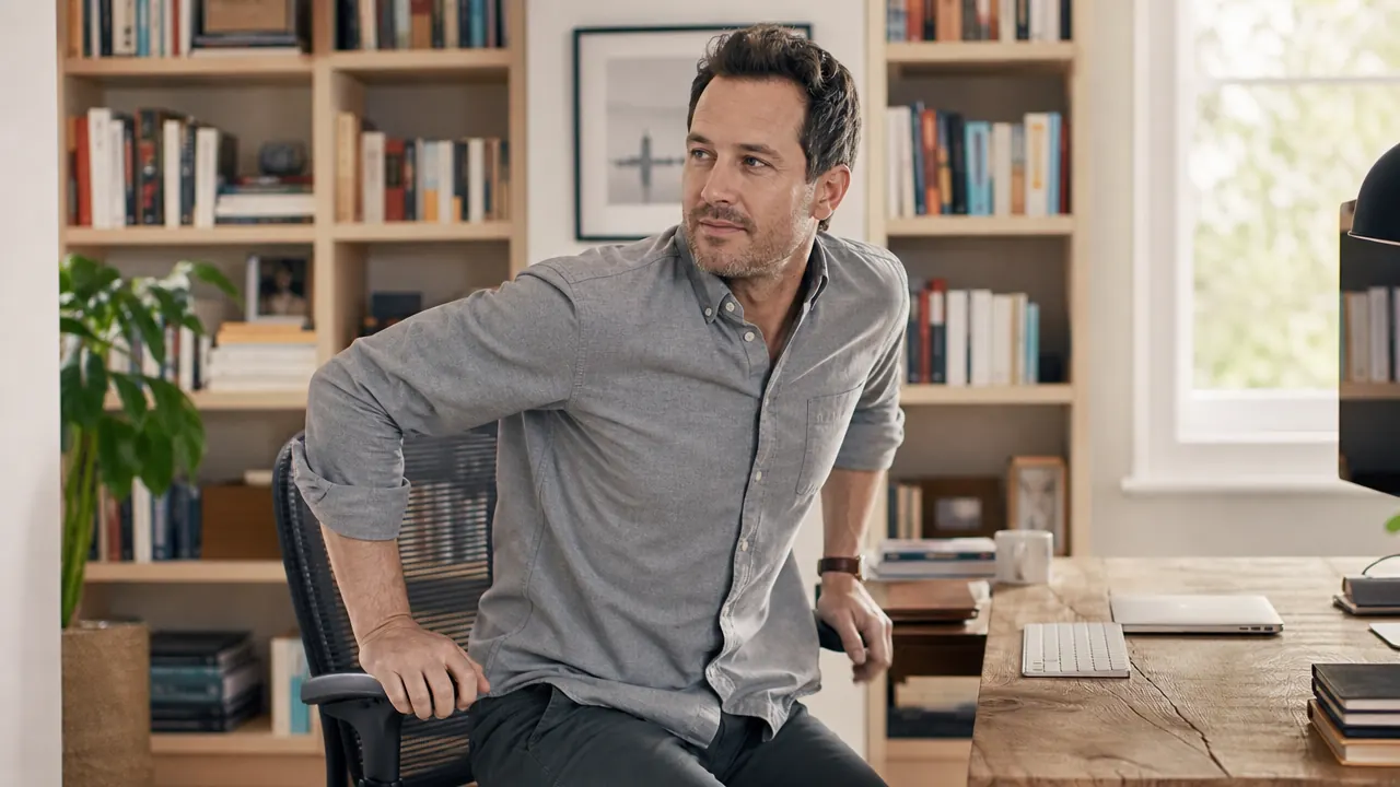 Person getting up from an ergonomic chair at a home office desk, looking relaxed and free of tension