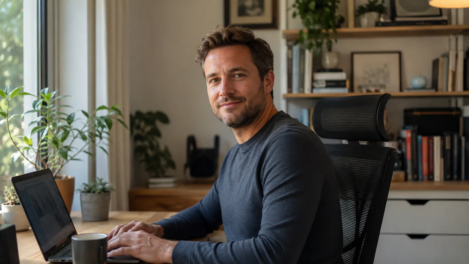 Remote worker seated comfortably in a mesh ergonomic chair at a home office desk with morning light coming through the window
