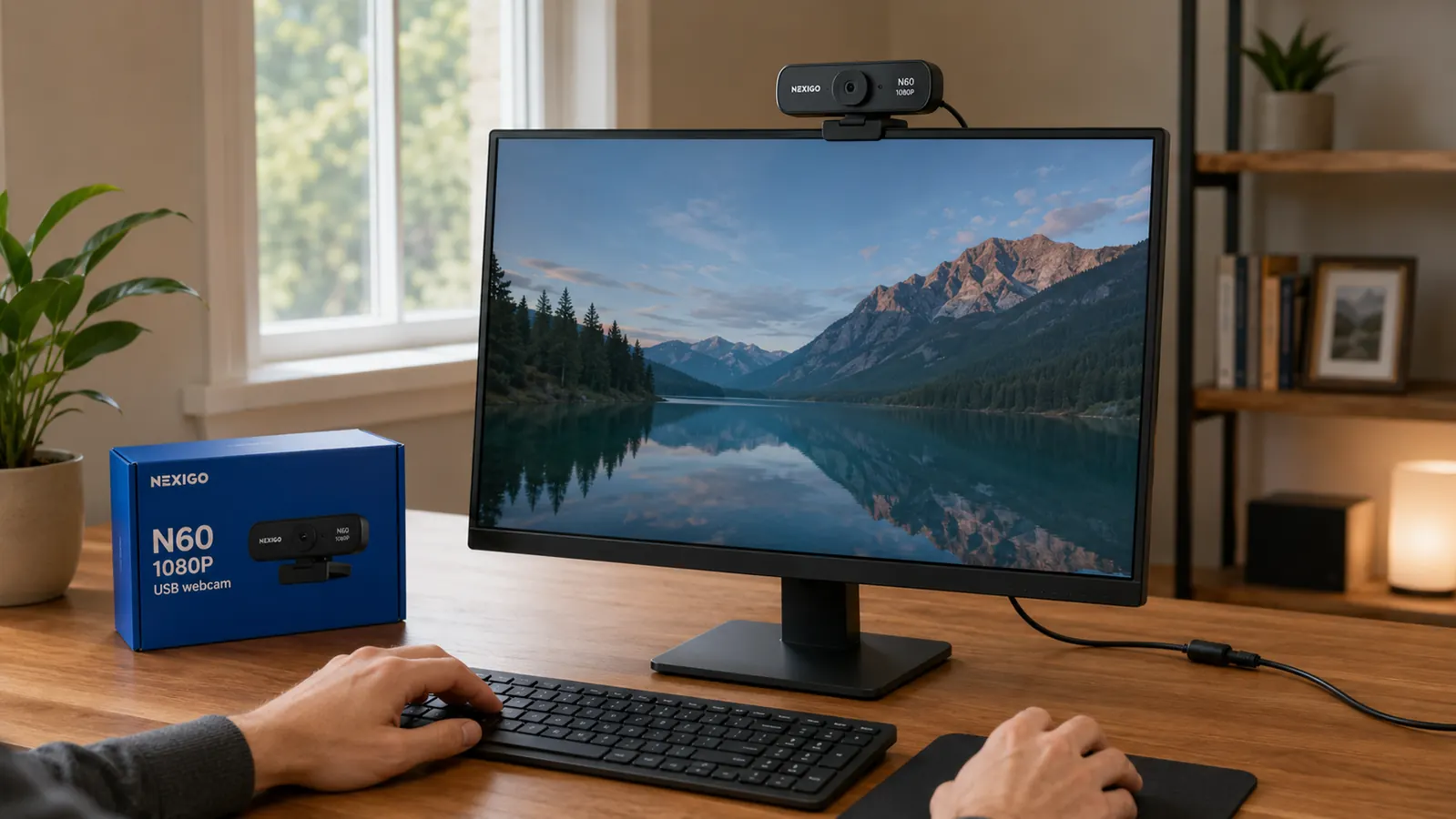 NexiGo N60 webcam clipped to top of a monitor at a home office desk