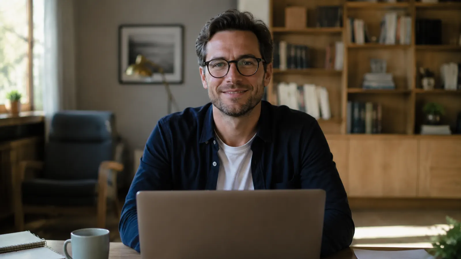 Remote worker on a clear video call at a clean home office desk, well-lit and framed correctly on screen