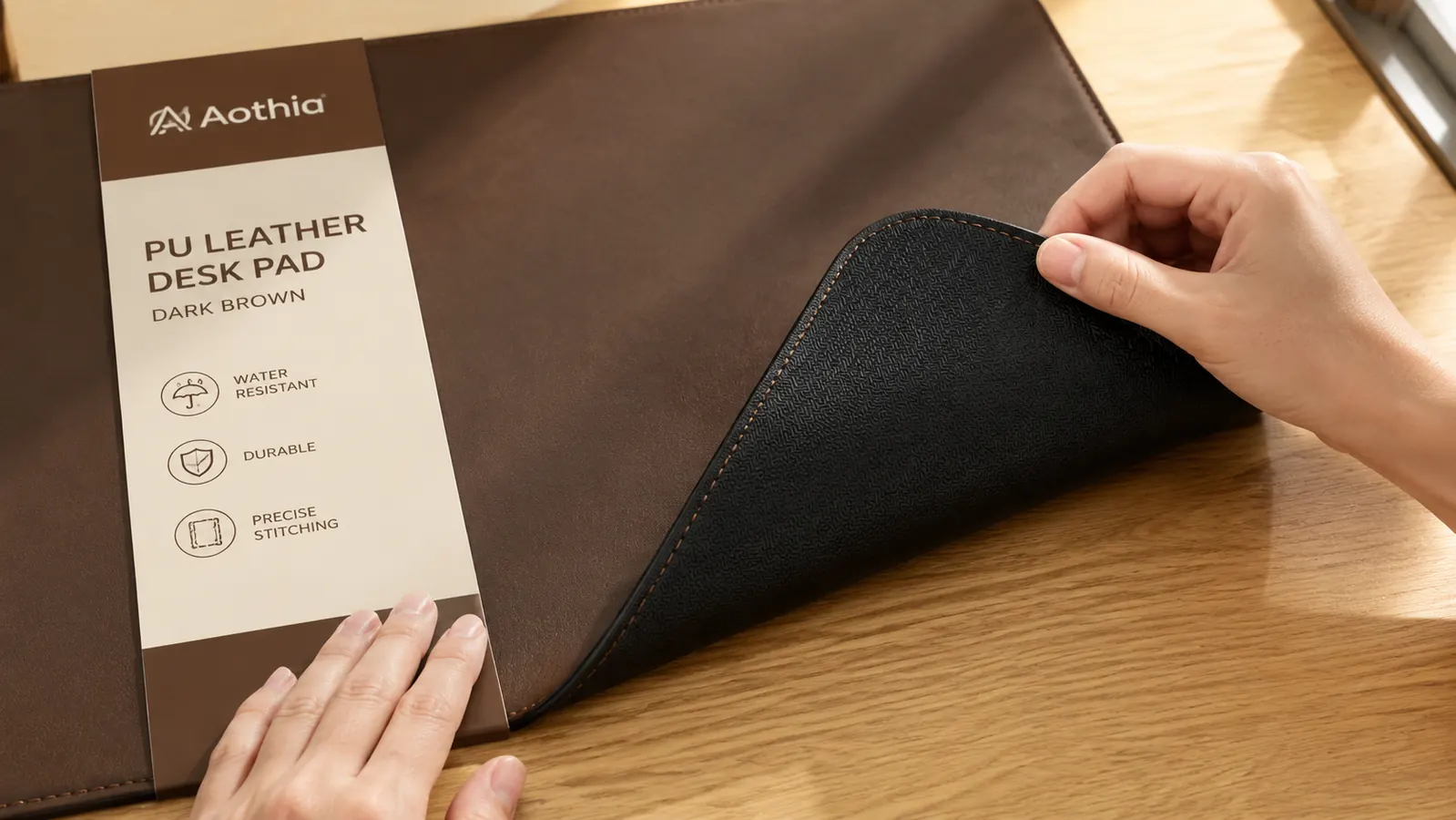 Underside of a leather desk pad showing the non-slip rubber base on a wood desk