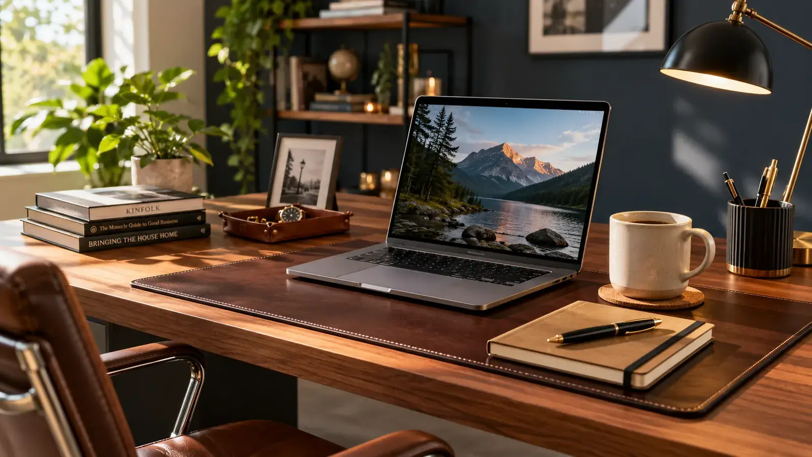 Clean home office desk with a dark brown leather desk pad, laptop, notebook, and mug in morning light