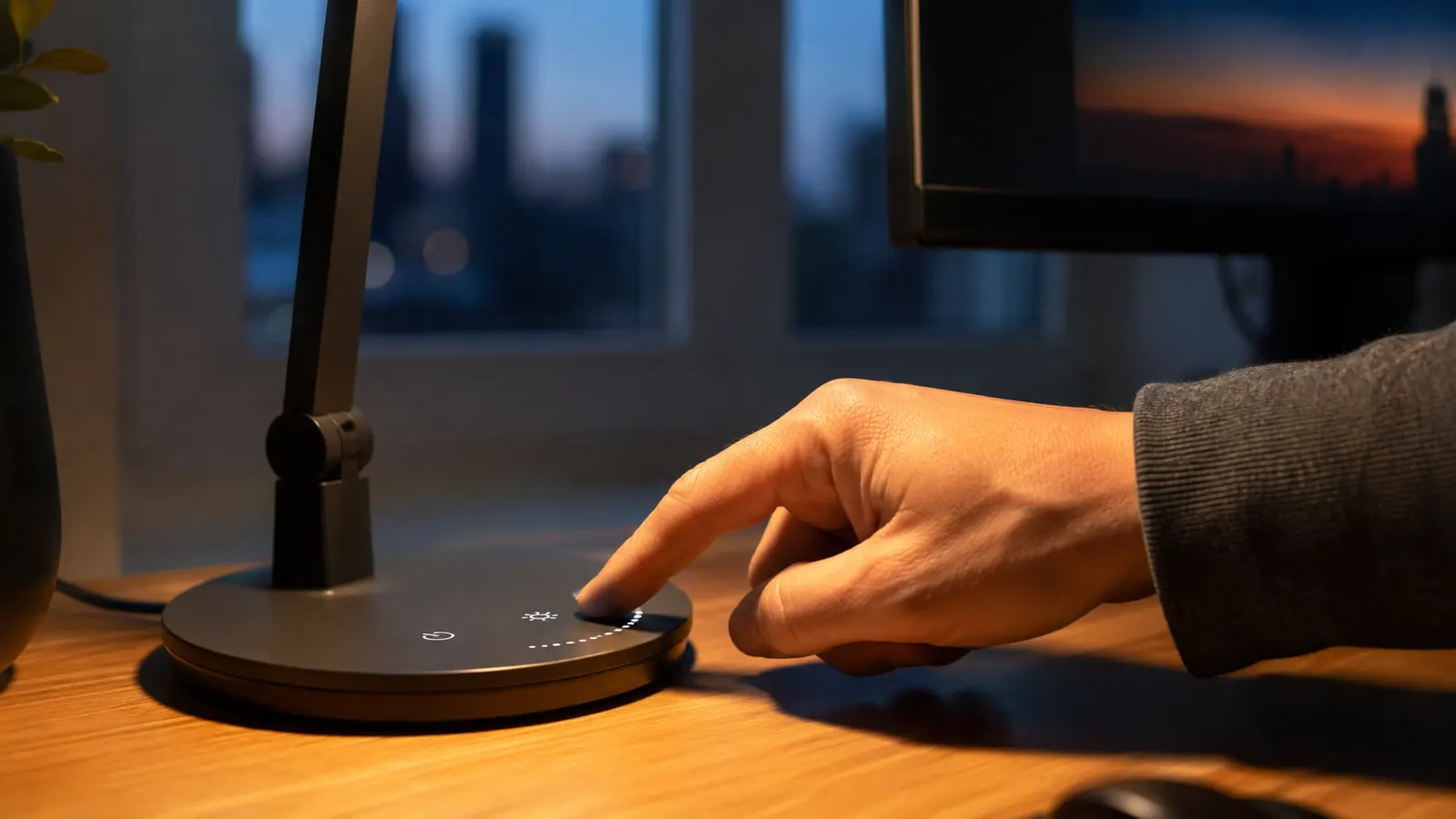 Close-up of a hand adjusting the brightness dial on an LED desk lamp while working at a computer late in the evening