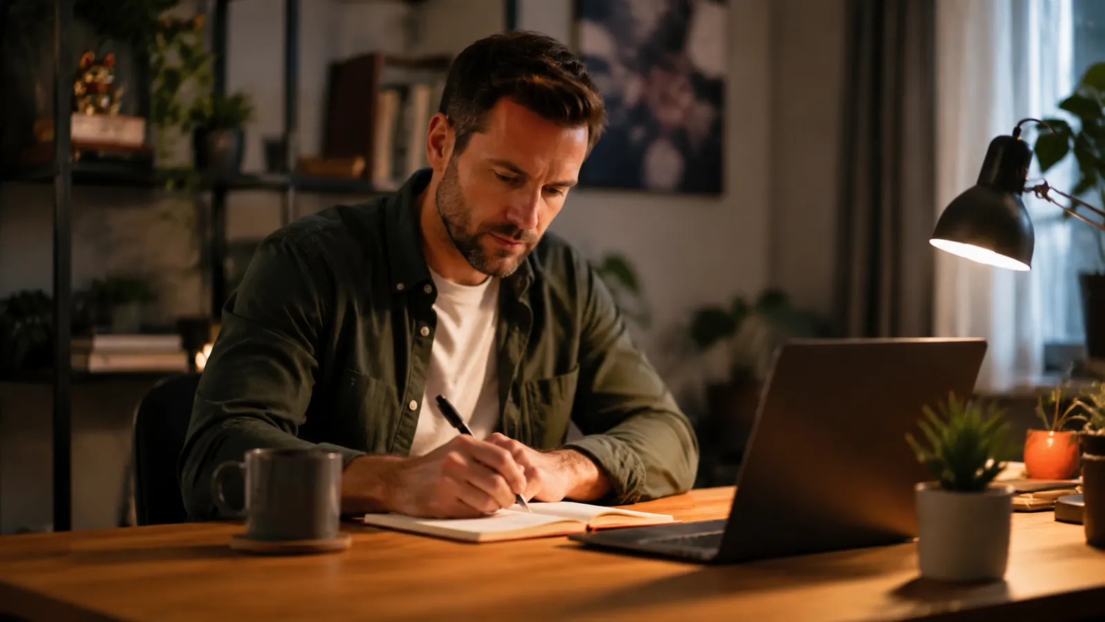 Remote worker at a clean home office desk with a warm LED desk lamp casting soft, focused light on a notebook and laptop keyboard