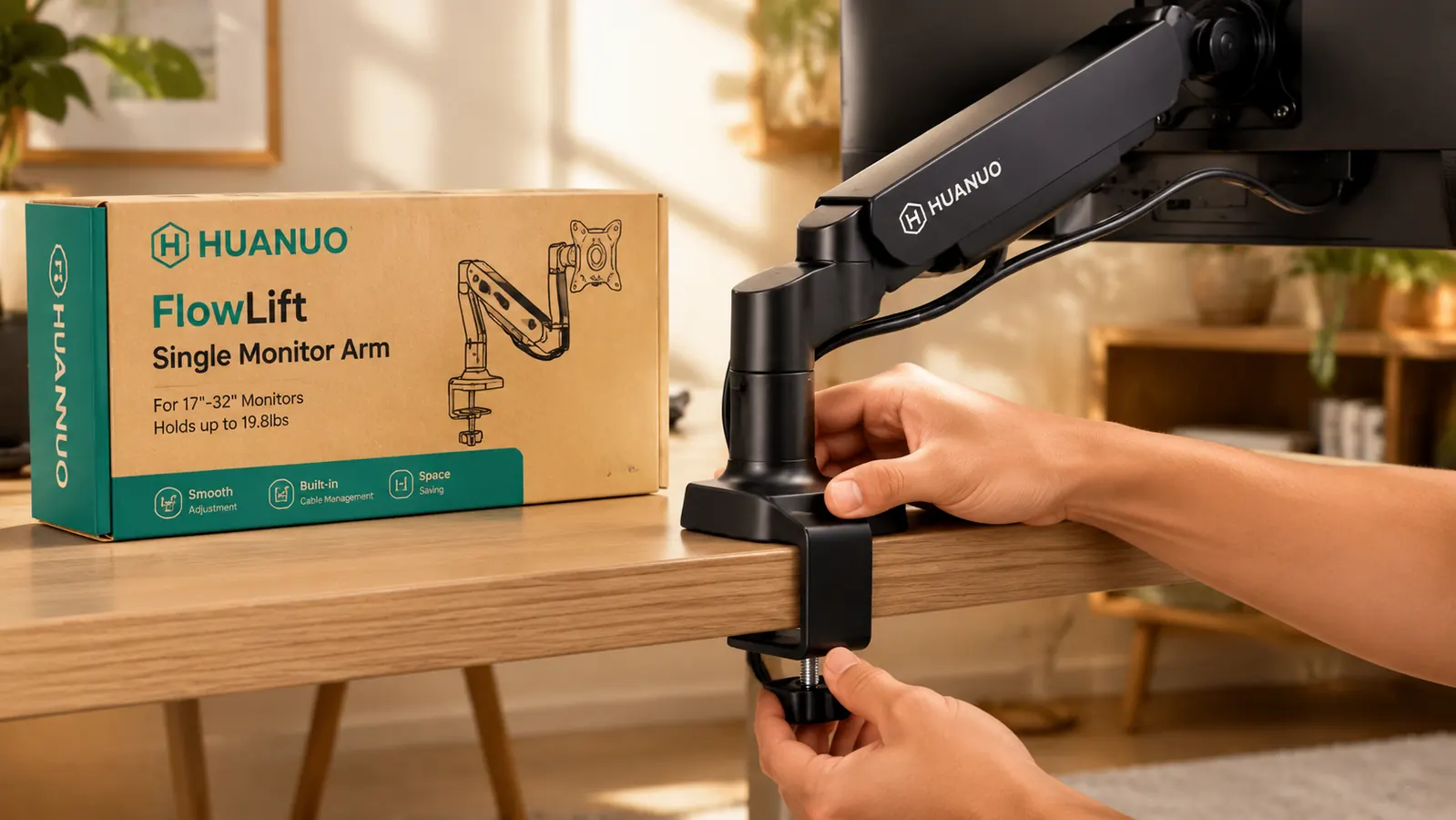 Close-up of the HUANUO monitor arm clamp attached to a wooden desk edge, cable routed through the arm channel