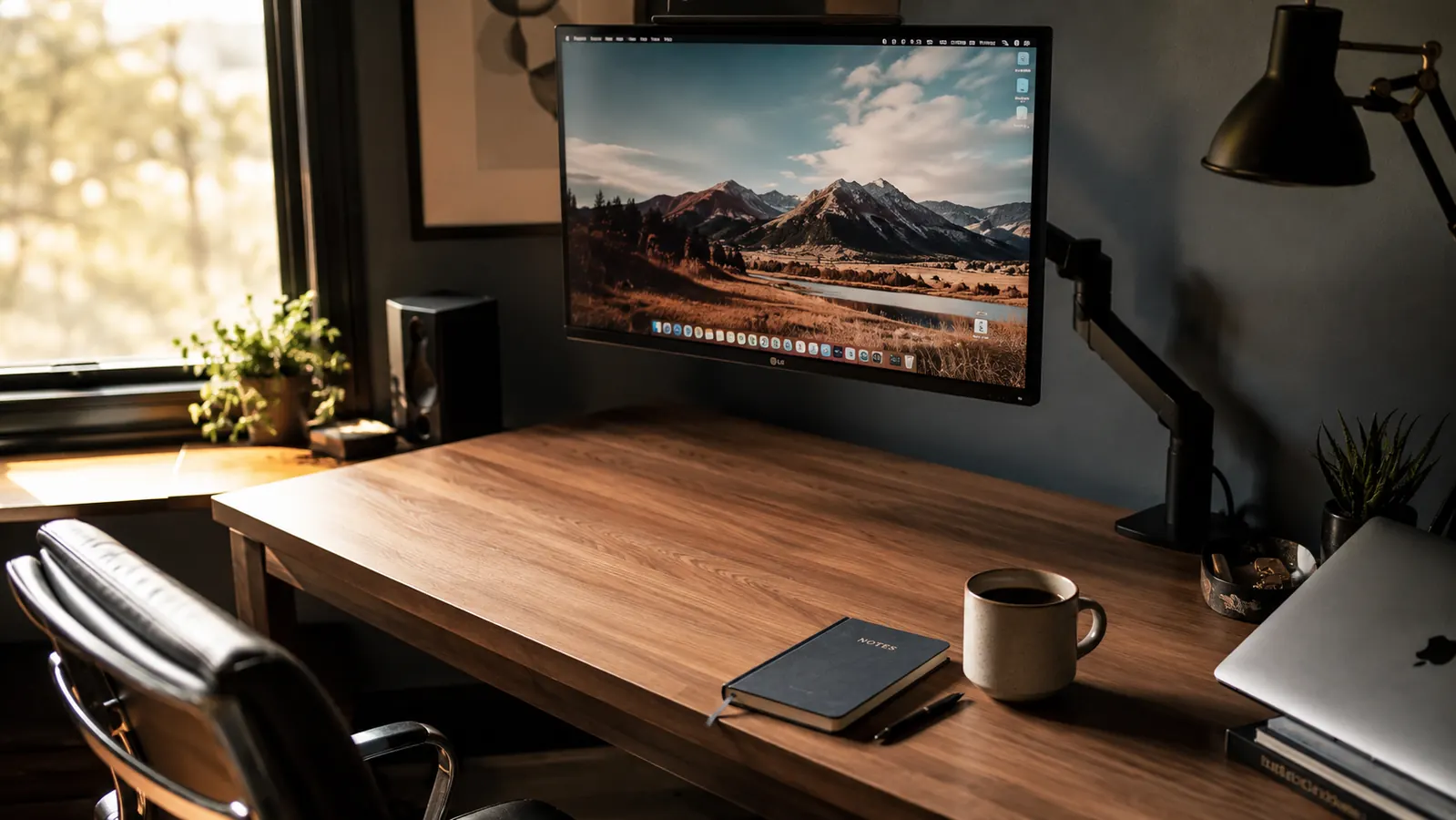 Clean home office desk with monitor raised on a sleek arm mount, open space beneath the screen