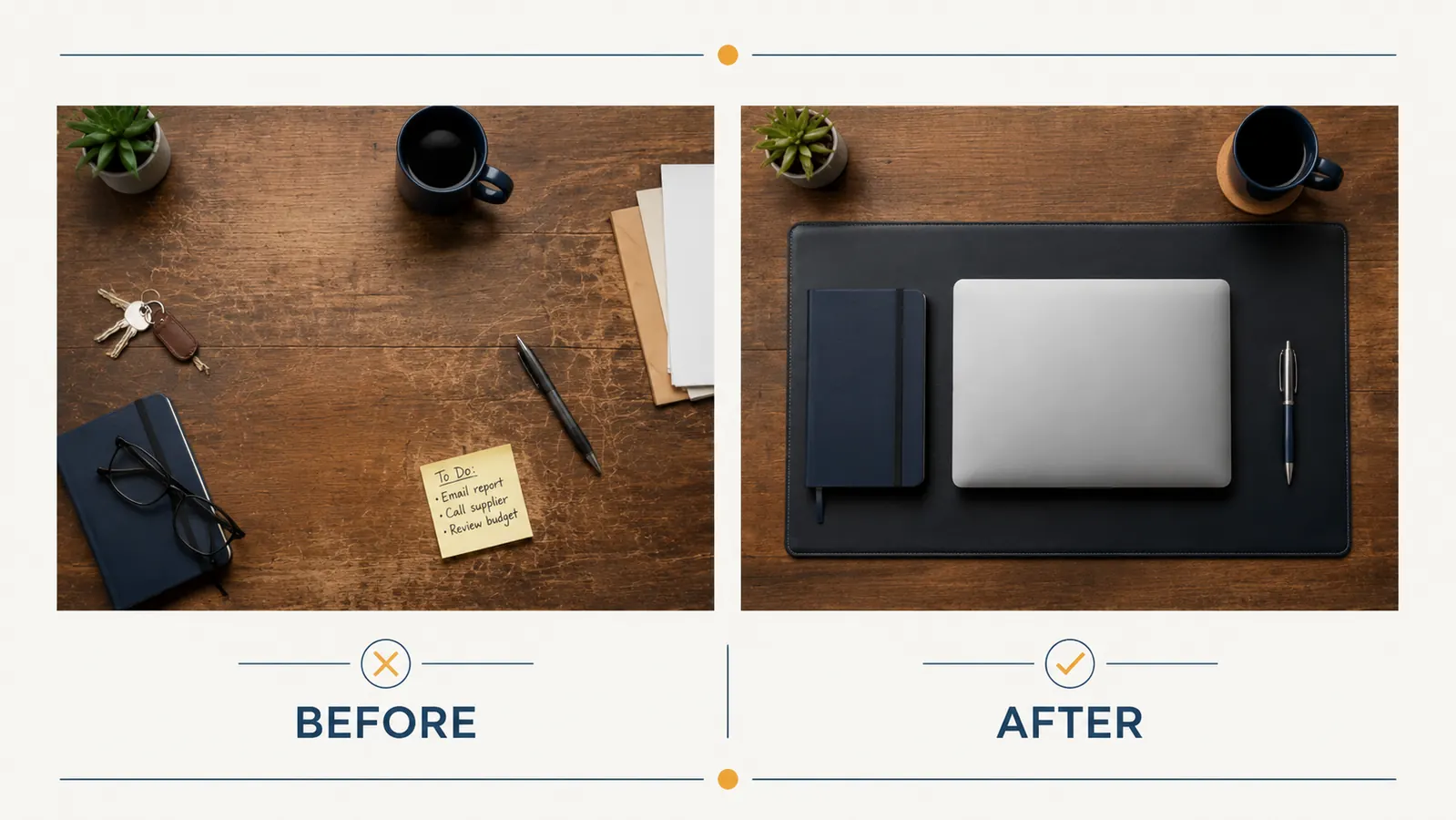 Before and after comparison of a messy scratched desk versus a clean desk with a leather pad