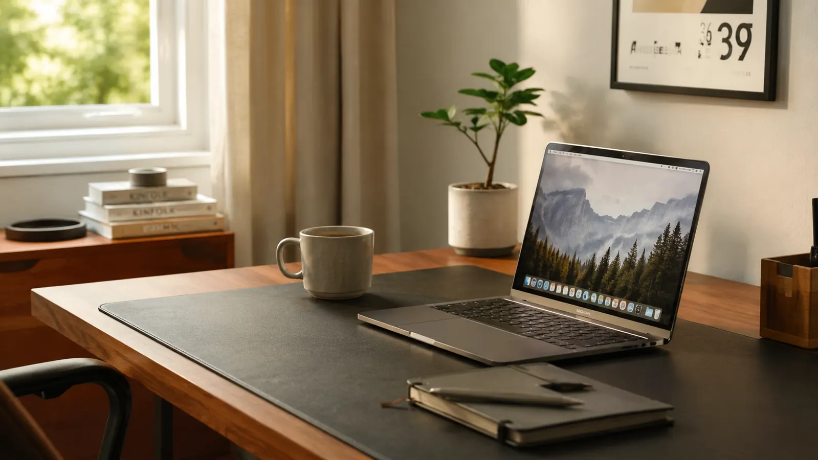 Clean home office desk with a dark leather desk pad, laptop, and coffee mug in morning light