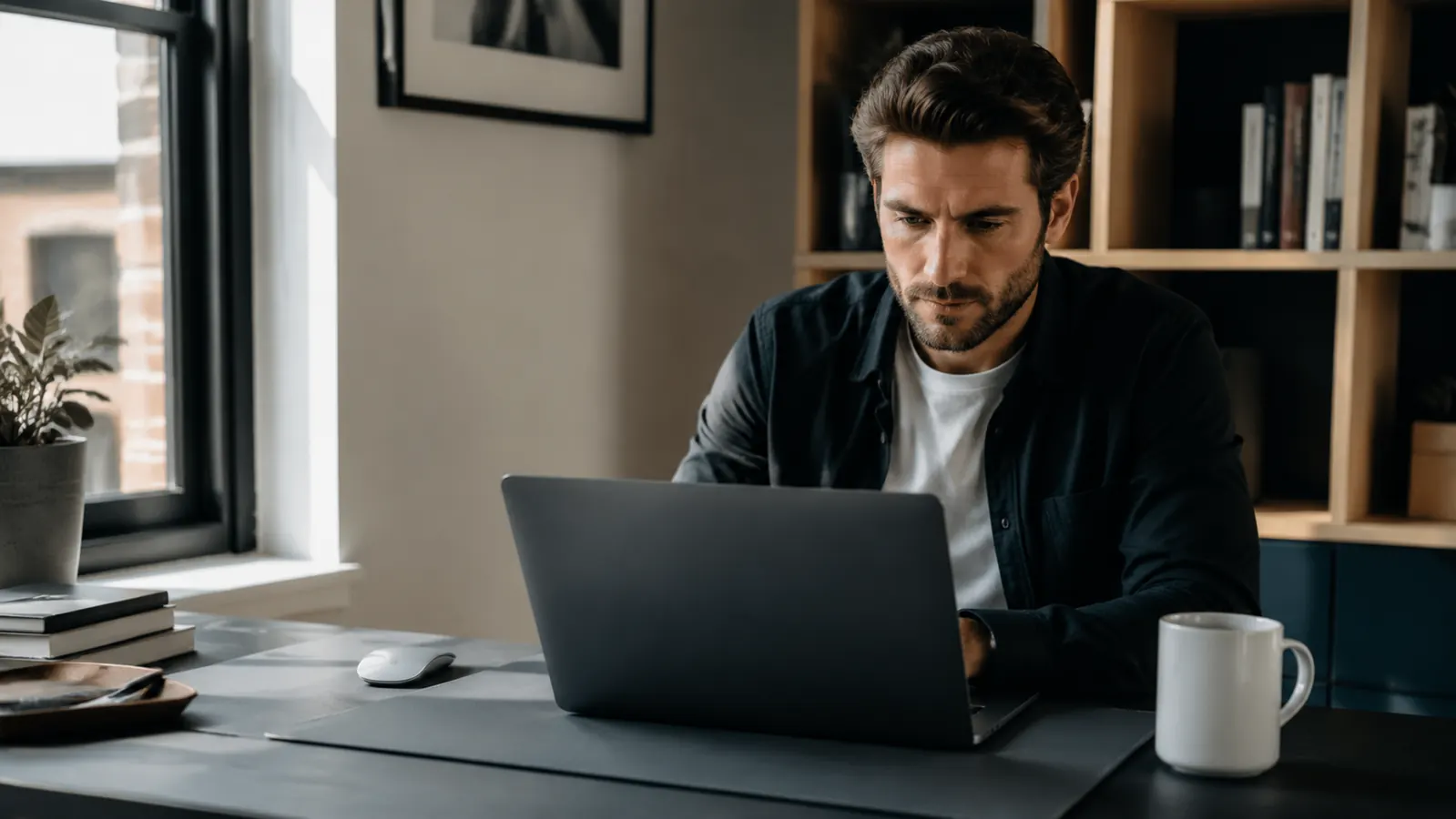 Aothia leather desk pad covering a wood desk with a laptop, mouse, and coffee mug in a sunlit home office