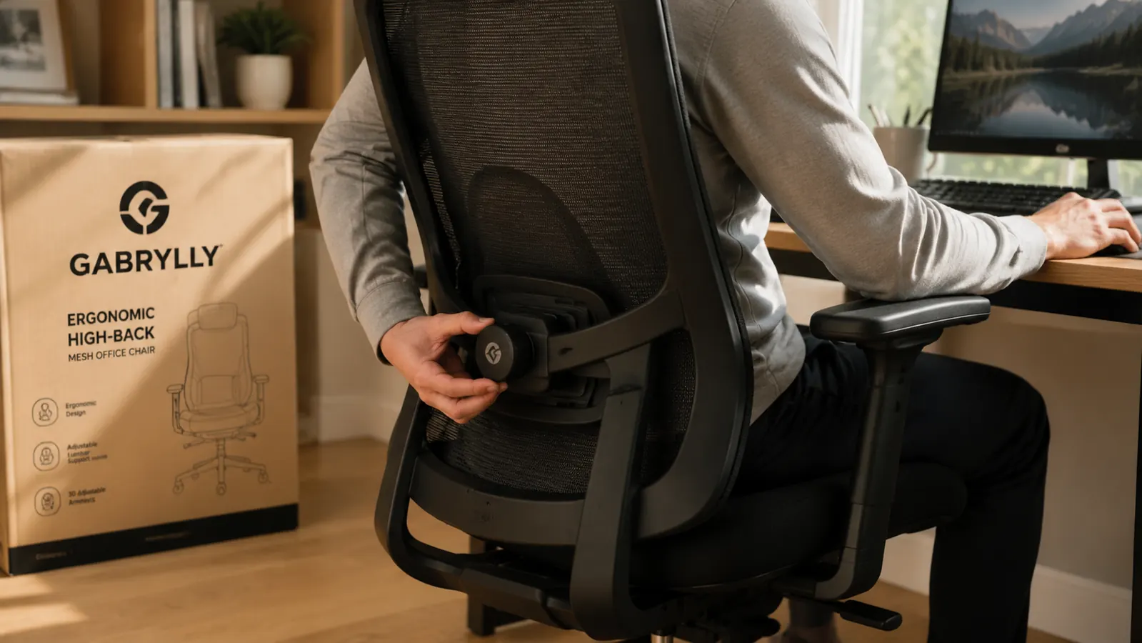 GABRYLLY ergonomic office chair with flip-up arms and adjustable lumbar support, shown in a home office setting