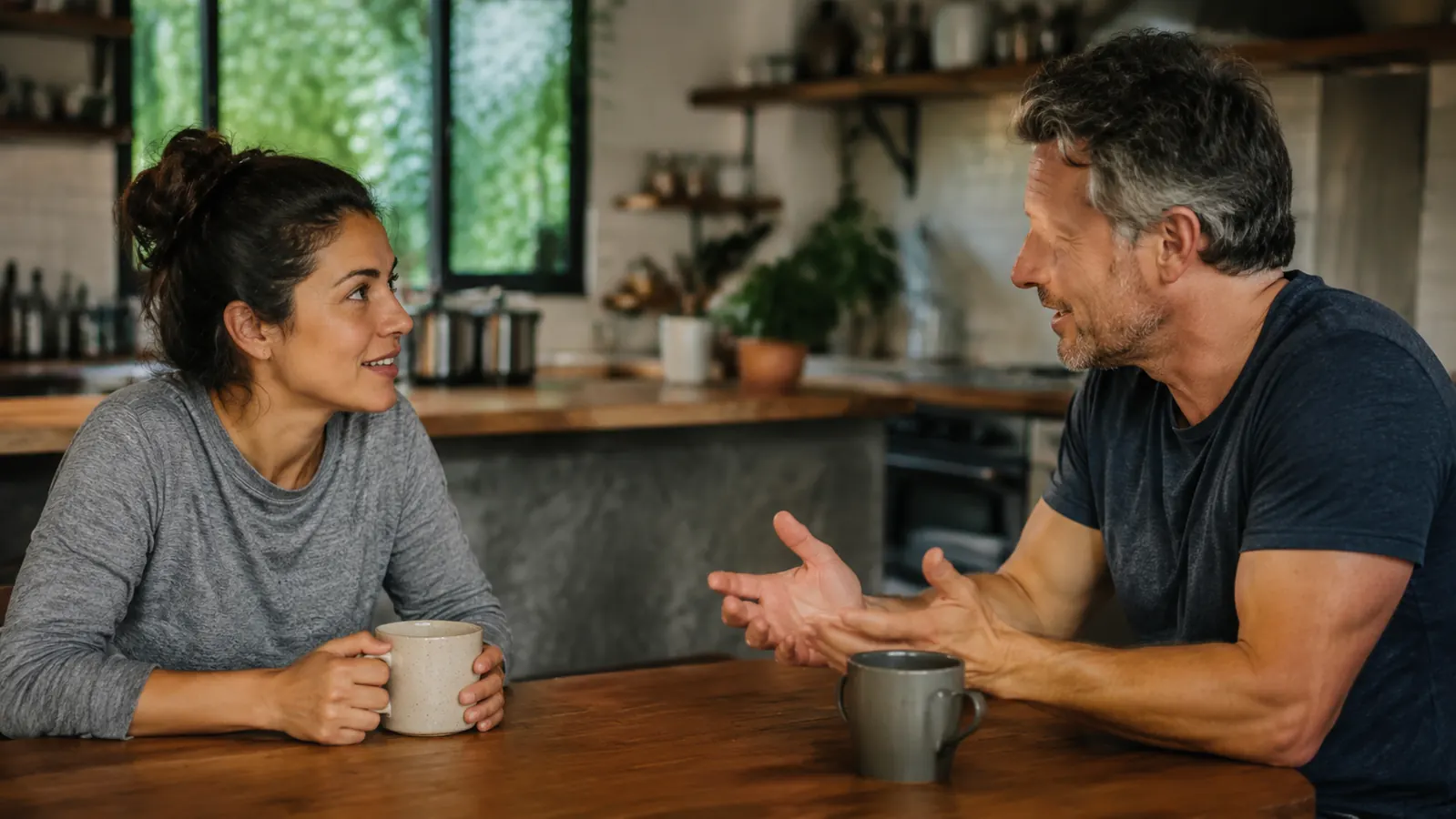 Person sitting at a kitchen table with a cup of coffee, relaxed and talking to someone across the table