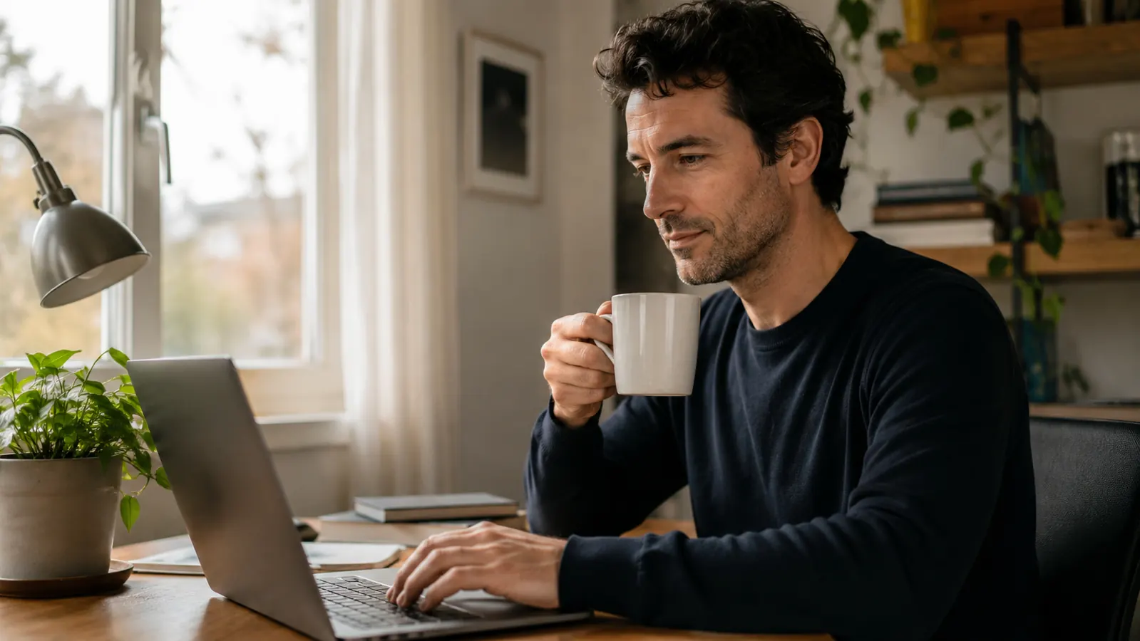 Remote worker sitting comfortably at a clean home office desk in warm morning light, relaxed posture, coffee cup nearby