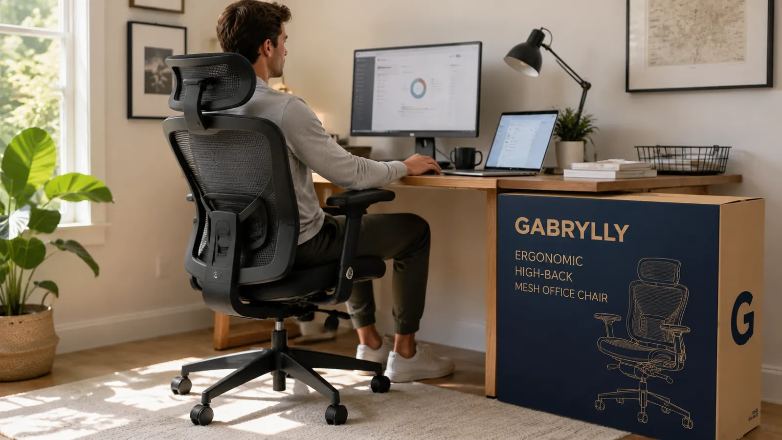 Person sitting in the GABRYLLY chair at a desk with armrests in the lowered position at desk height