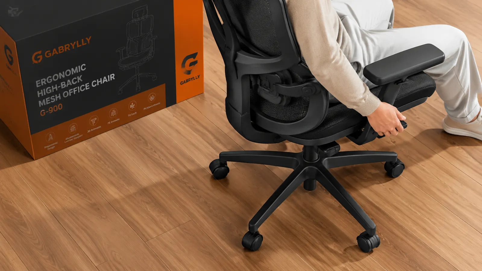 Underside of the GABRYLLY chair showing the PU caster wheels and five-star base