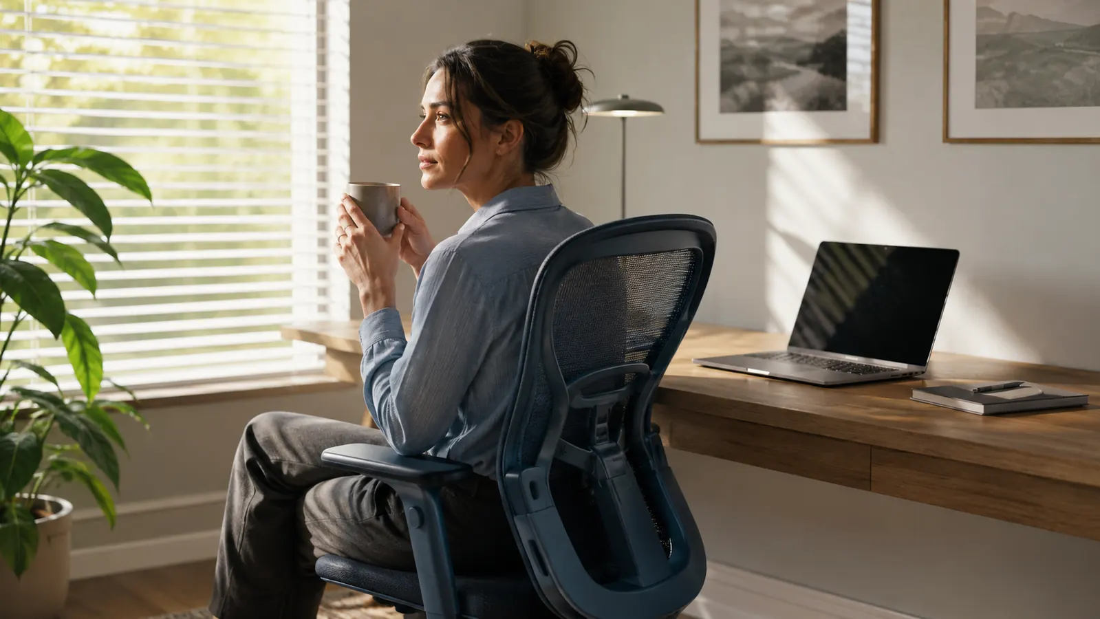 GABRYLLY ergonomic office chair at a clean home office desk with morning light coming through a window