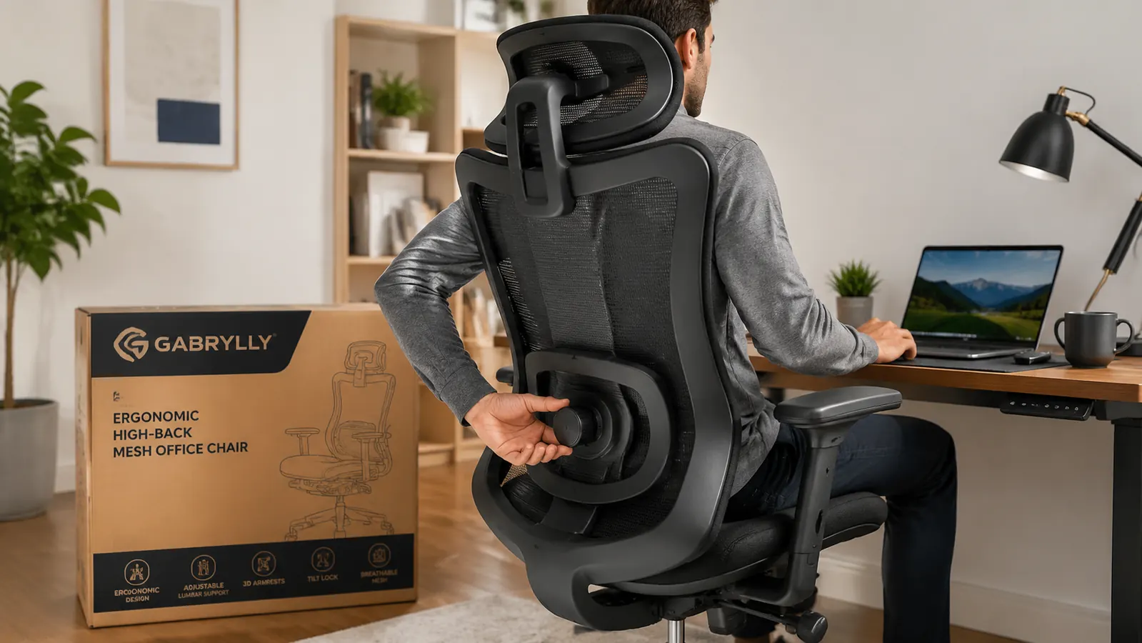 Person adjusting the lumbar support dial on the GABRYLLY ergonomic chair at a standing desk