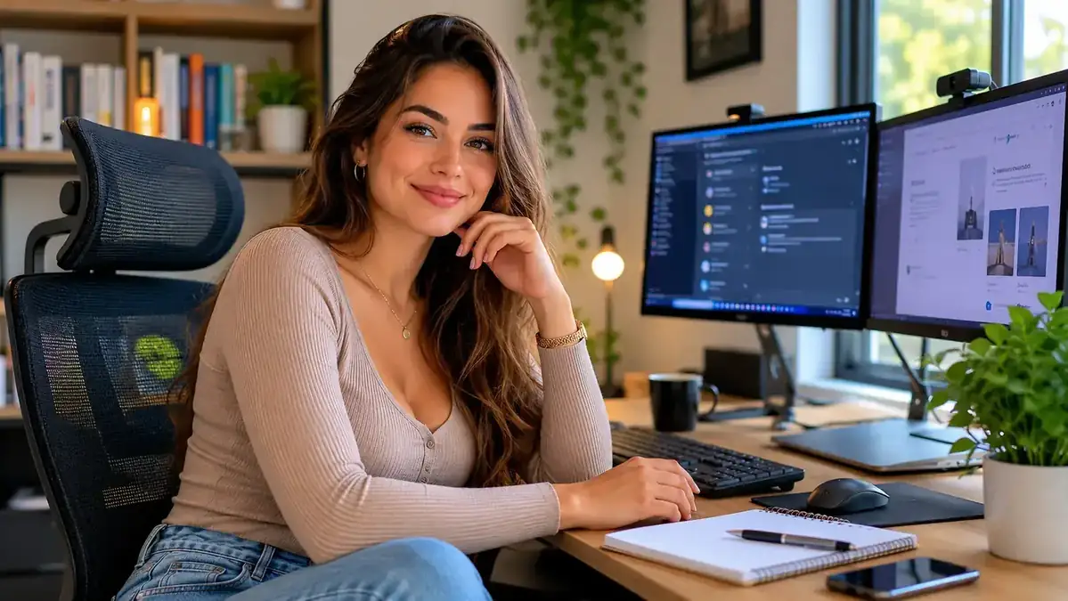 Remote worker seated comfortably in a mesh ergonomic chair, working at a dual-monitor desk setup, relaxed posture