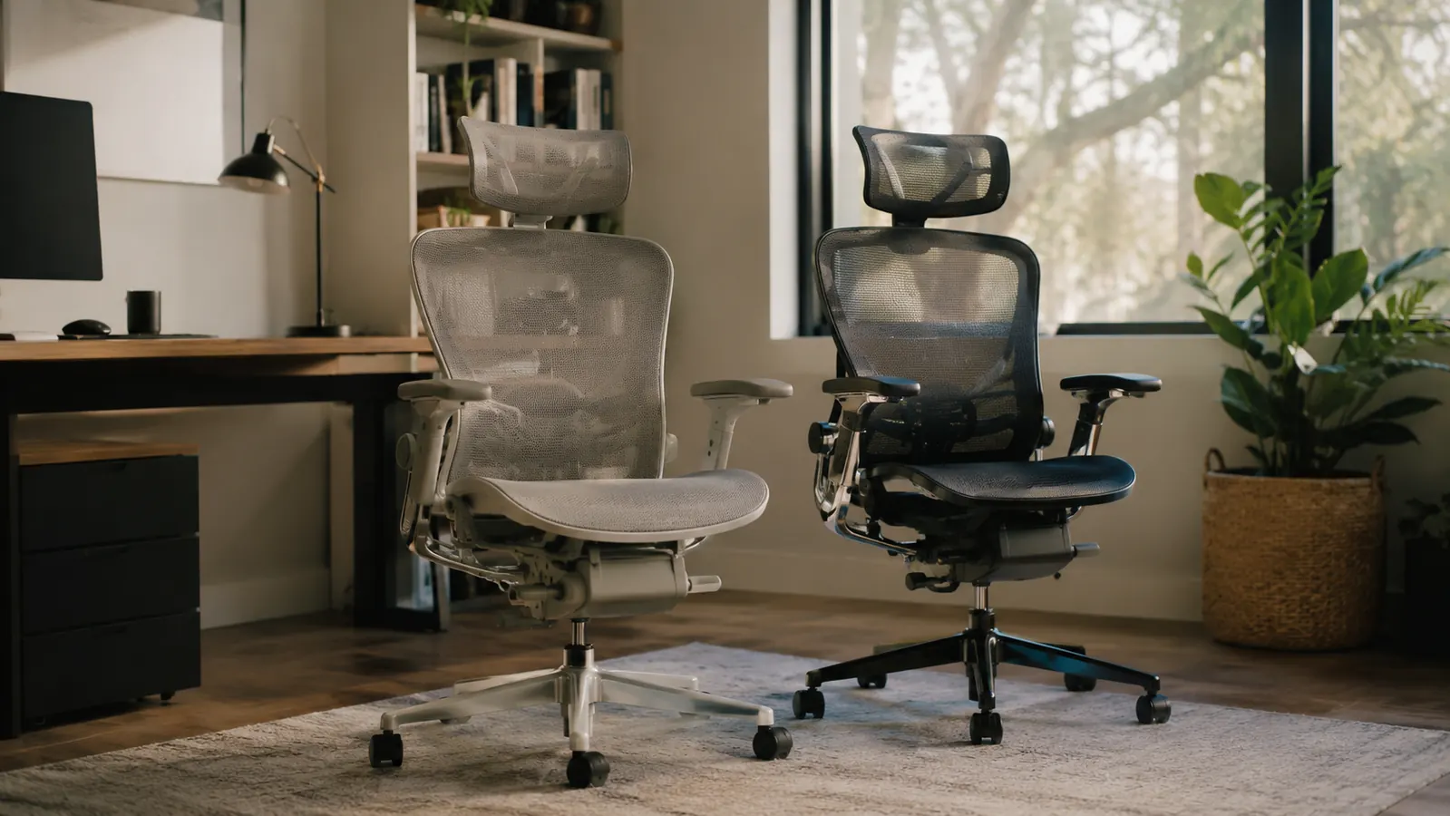 Two ergonomic office chairs facing each other in a clean home office, natural window light
