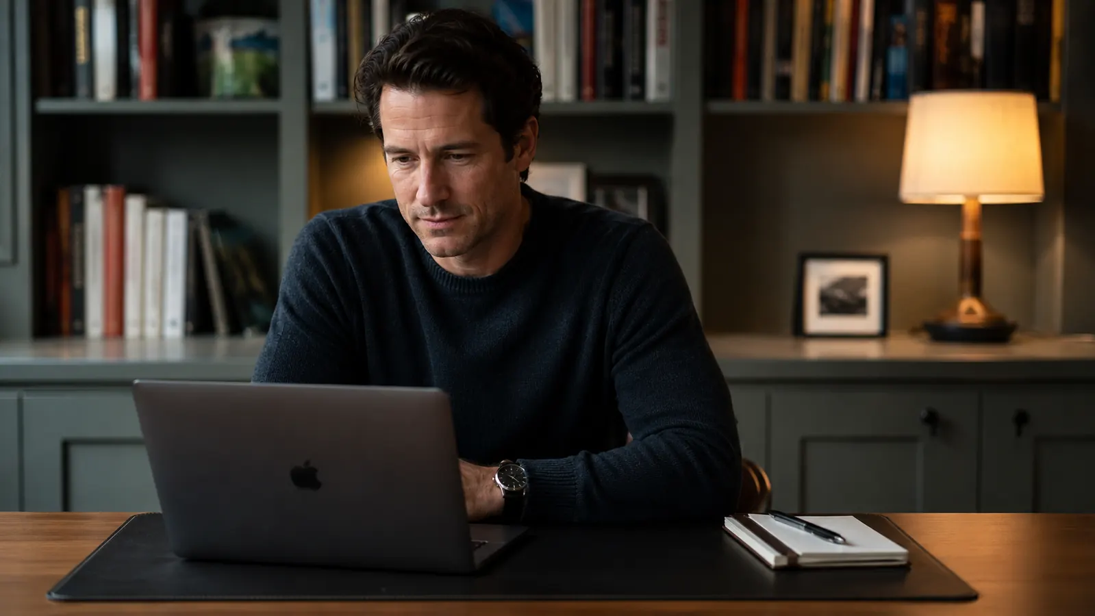 Remote worker sitting at an organized desk with a leather pad, looking productive and relaxed