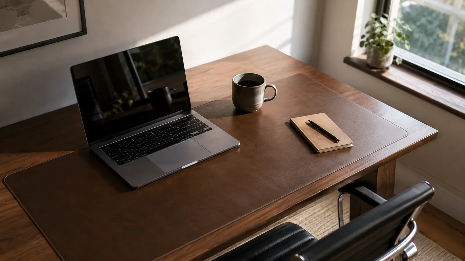 Clean home office desk with leather desk pad, laptop, and minimal accessories in afternoon light