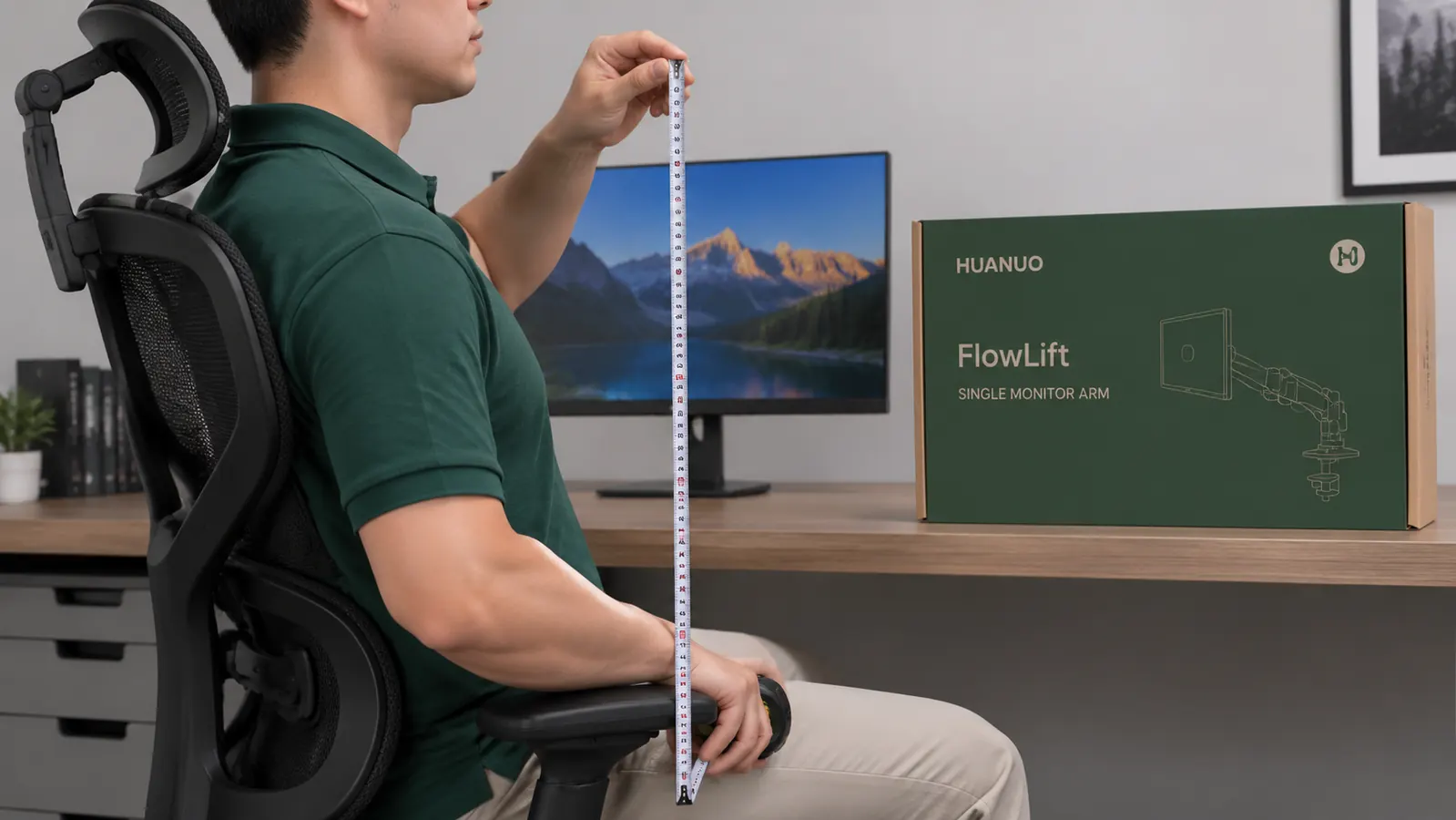 Person measuring seated eye height with a tape measure next to their monitor to find the correct screen height