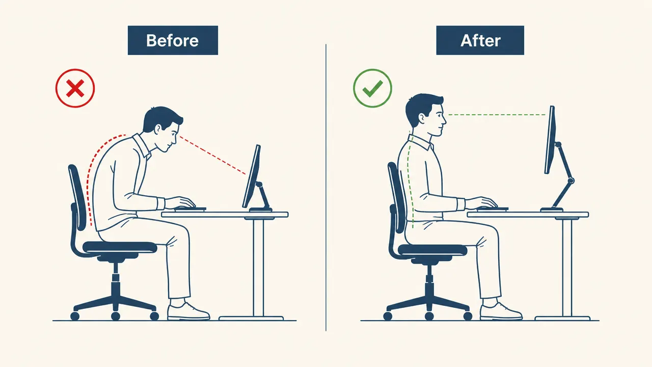 Before and after desk comparison: left side shows monitor sitting low on a stand with neck angled down, right side shows same monitor on an arm at eye level with straight posture