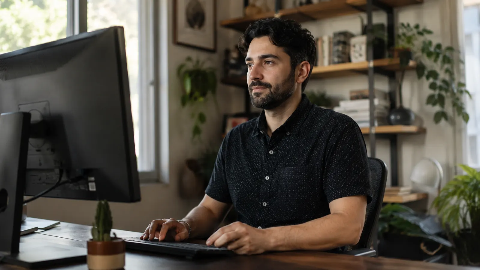 Remote worker seated at a clean home office desk with monitor positioned at eye level, relaxed posture, no neck strain