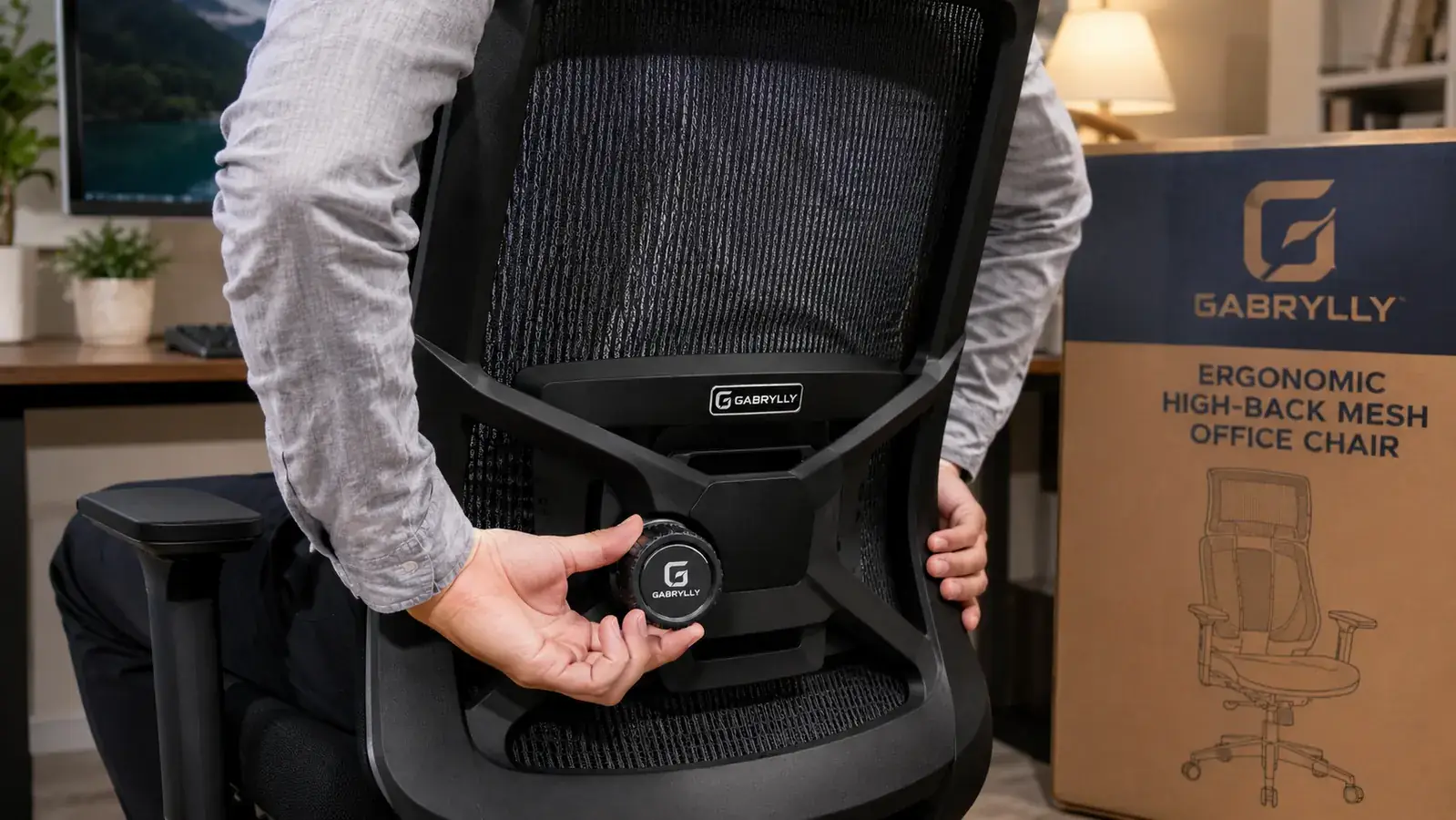 GABRYLLY ergonomic office chair with lumbar support adjustment knob visible, flip-up armrests in raised position