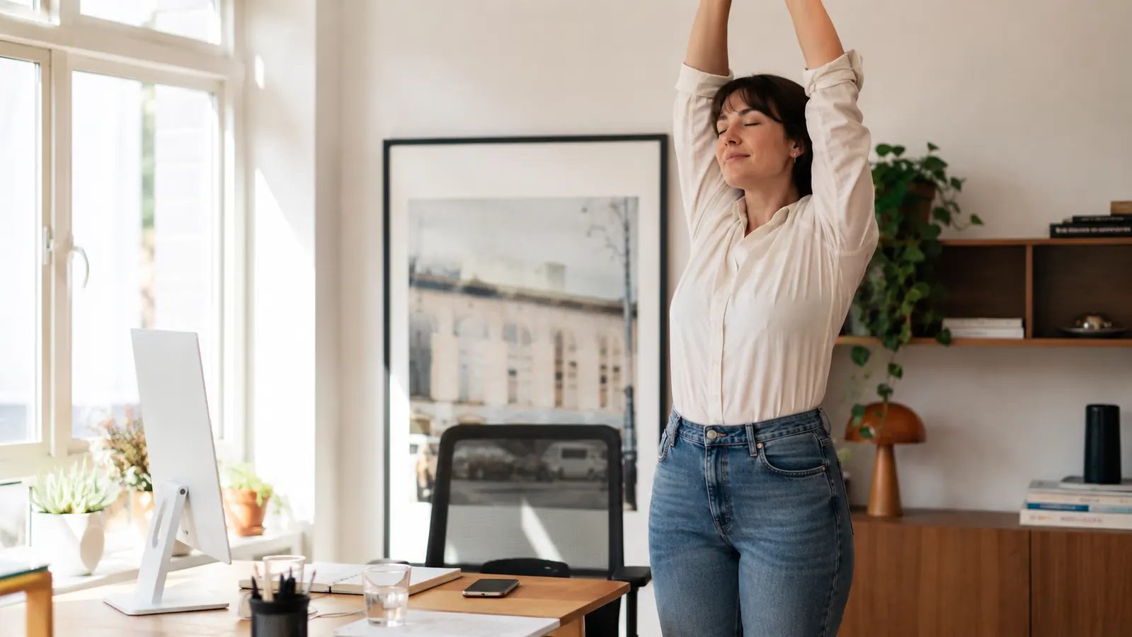 Remote worker standing up from desk for a short movement break, stretching arms overhead in a bright home office
