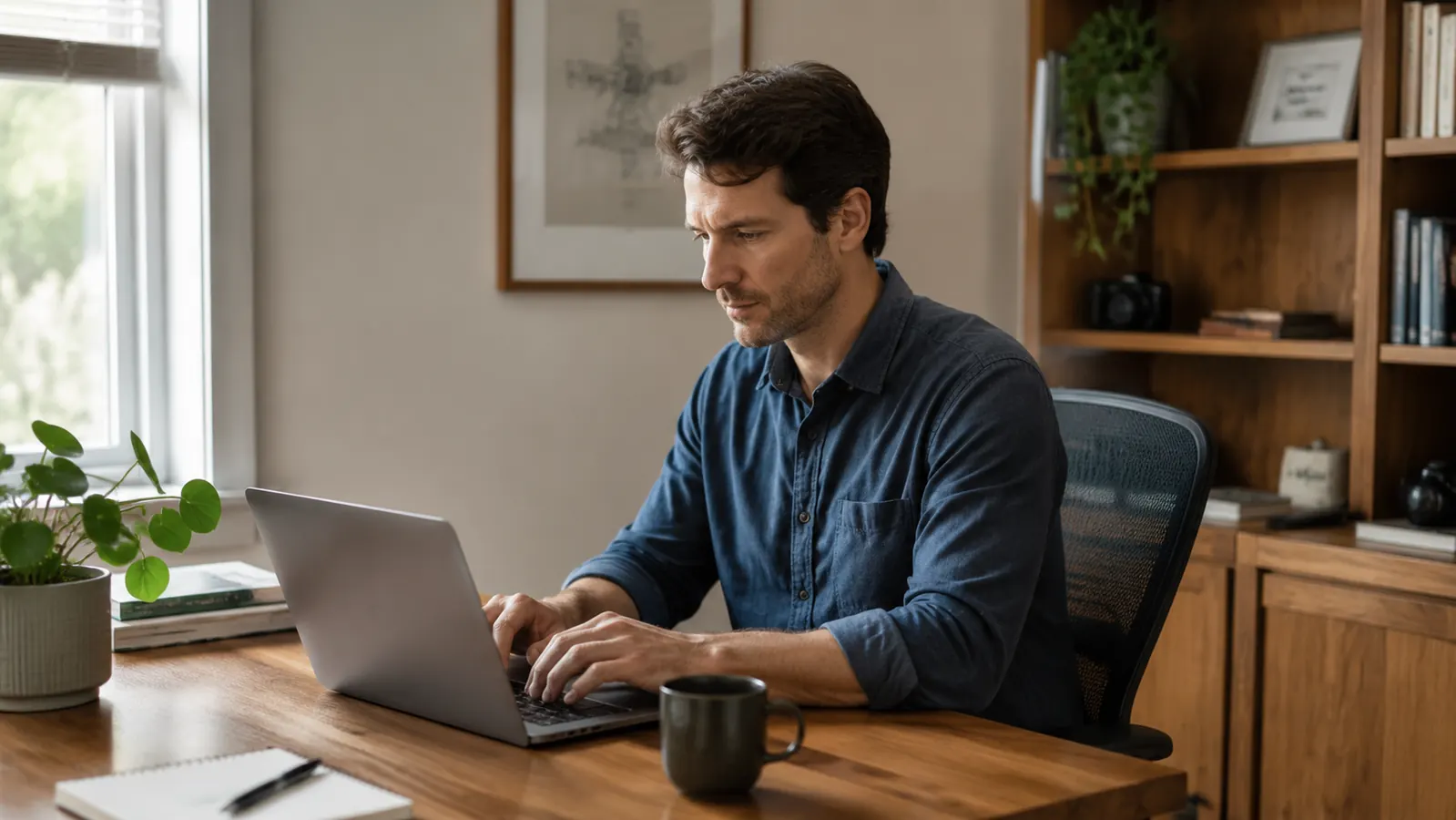 Remote worker sitting at a home office desk with proper posture, back straight, feet flat on the floor, looking at a monitor at eye level