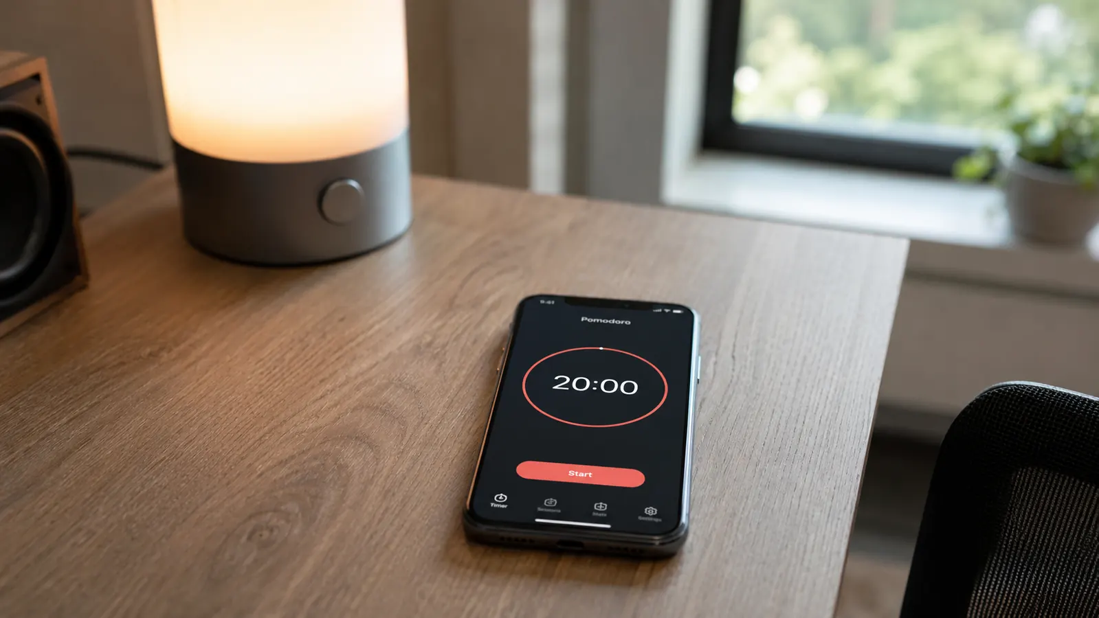 Smartphone screen showing Pomodoro timer app with 20-minute work session active, desk lamp visible in background
