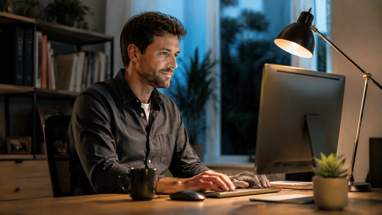Remote worker sitting at a home office desk in soft evening light, eyes relaxed, lamp glowing warmly beside monitor