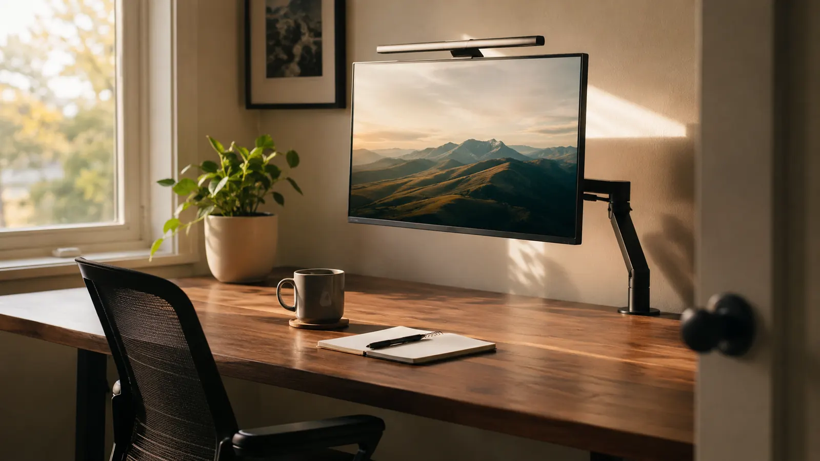 Home office desk cleared of clutter with a monitor mounted on an arm at eye level, morning light through a window