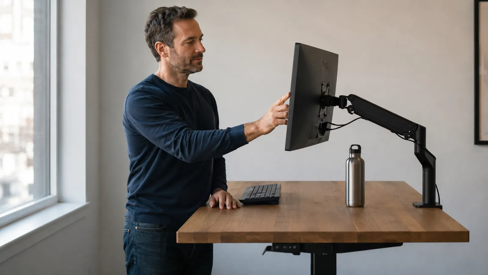 Remote worker adjusting monitor height with one hand while sitting at a desk with a sit-stand desk in raised position