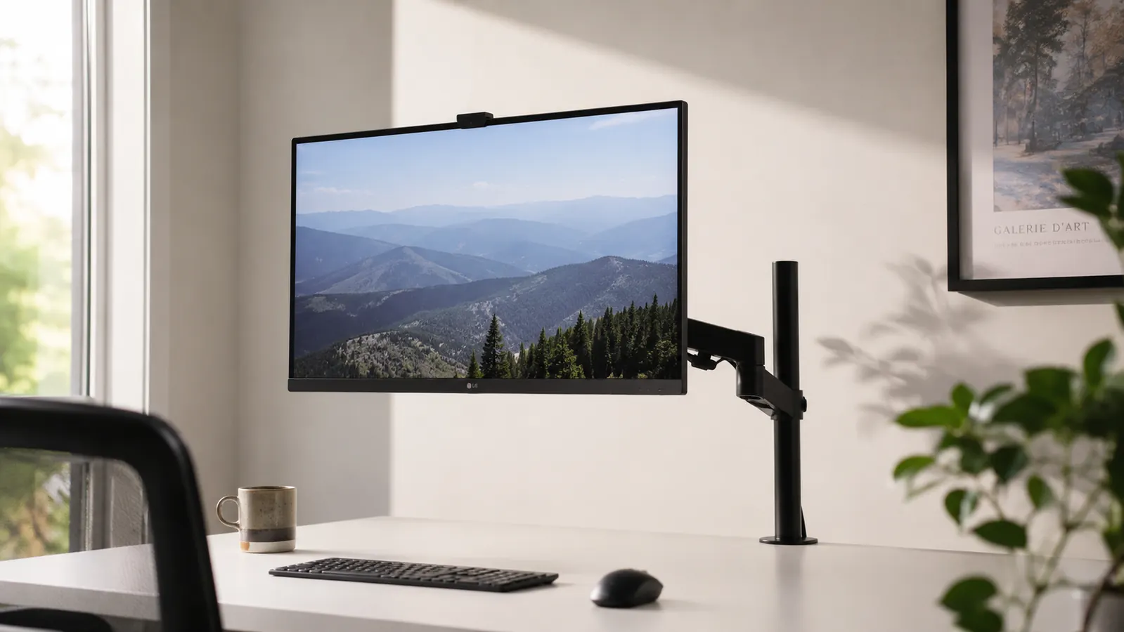 A monitor arm mounted on a white desk with a 27-inch monitor raised to eye level, cables routed along the arm, afternoon light in a home office