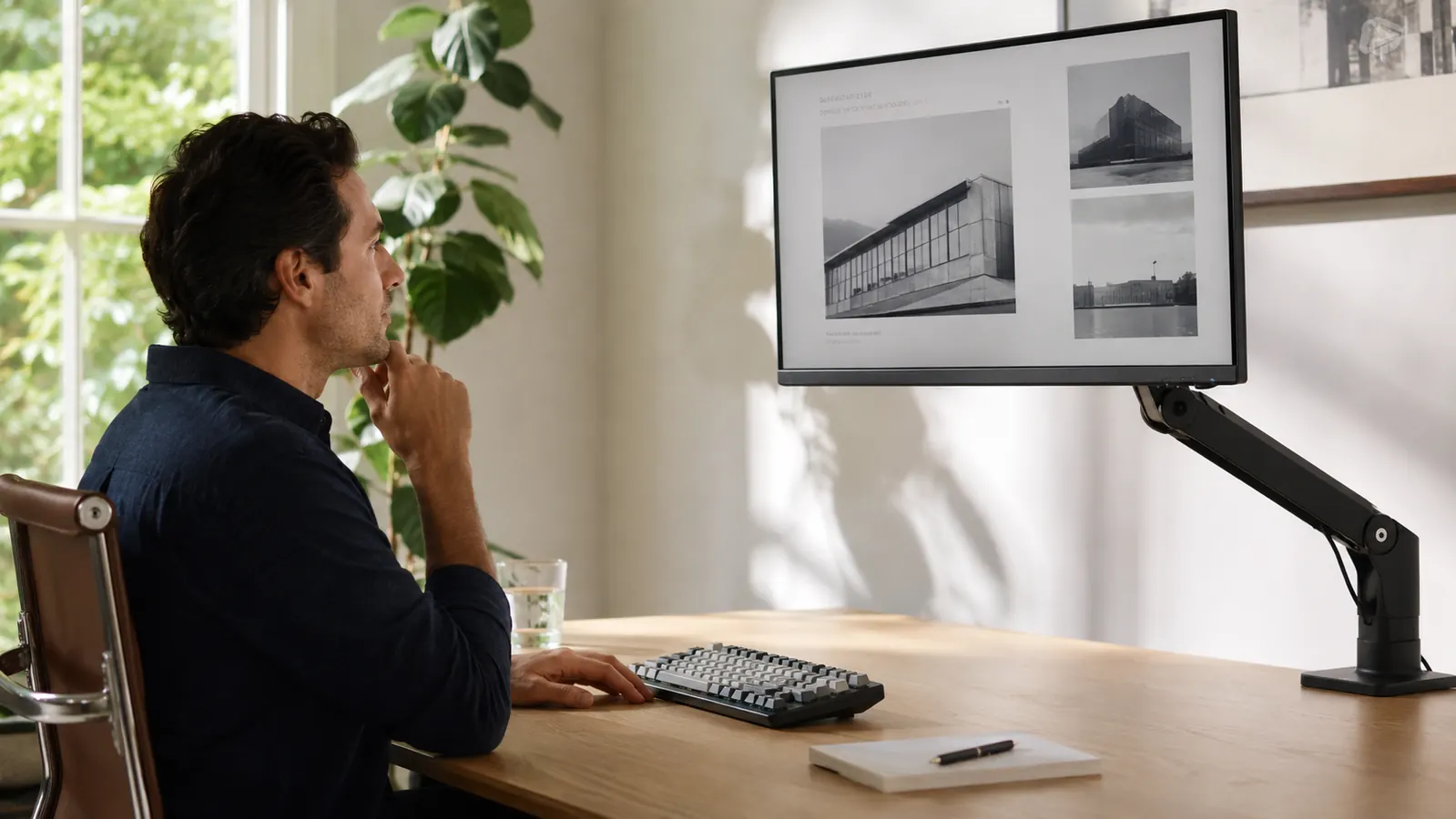 A clean home office desk with a 27-inch monitor raised on a monitor arm, warm morning light through a window, keyboard and notepad in the foreground