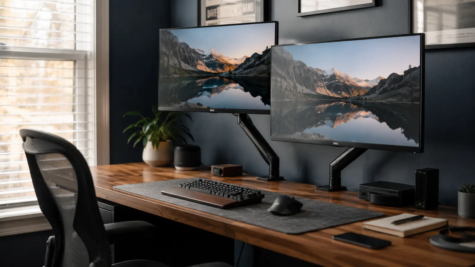 Two monitor arms side by side on a home office desk, one with a screen raised high, the other at a lower angle