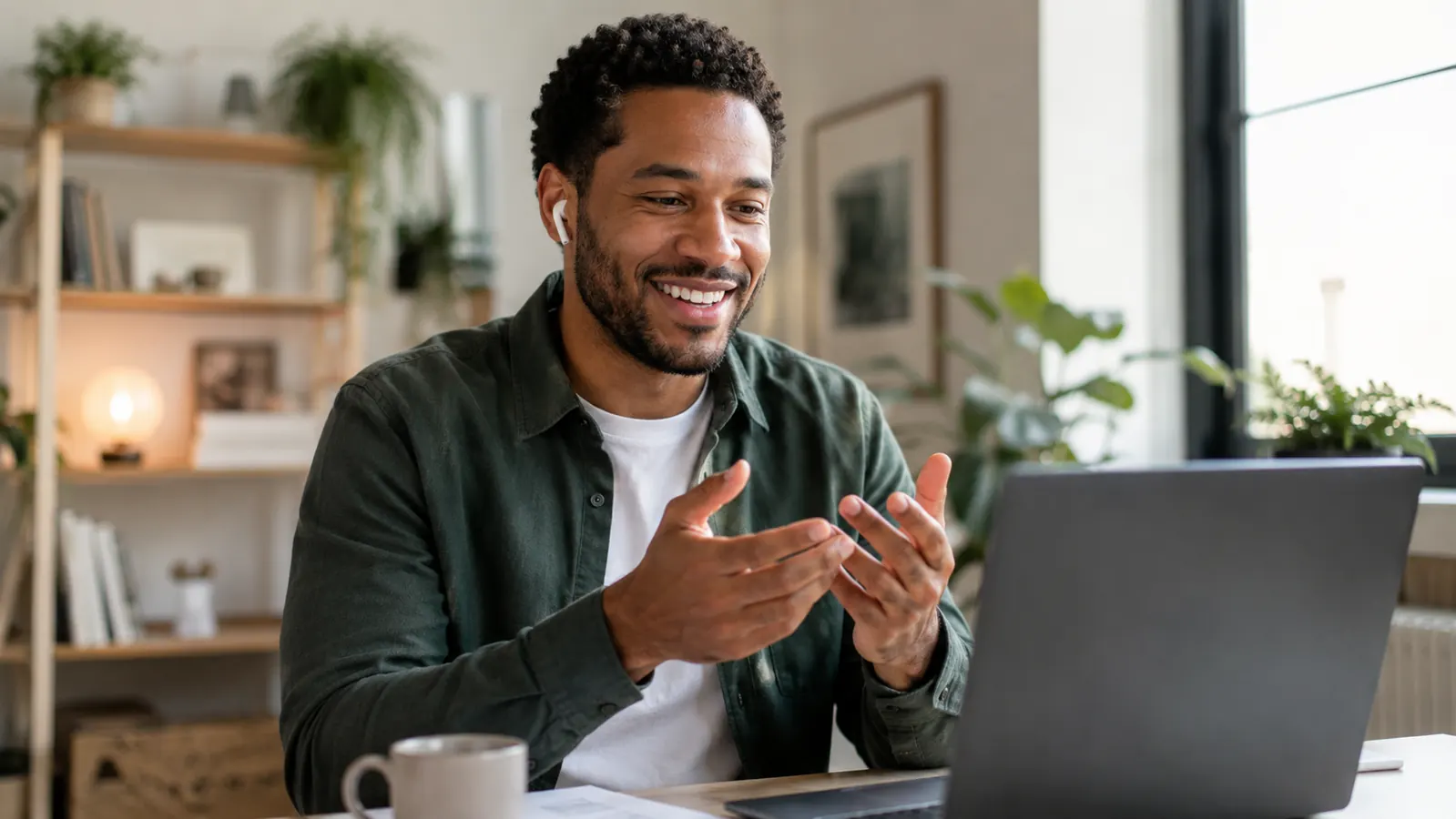 Person at a home office desk looking relaxed and confident during a video meeting, well-framed and evenly lit