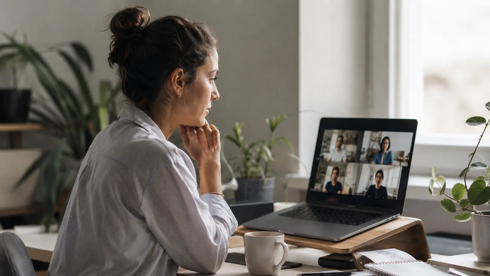 Remote worker sitting at a clean home office desk during a video call, well-lit face visible on monitor screen