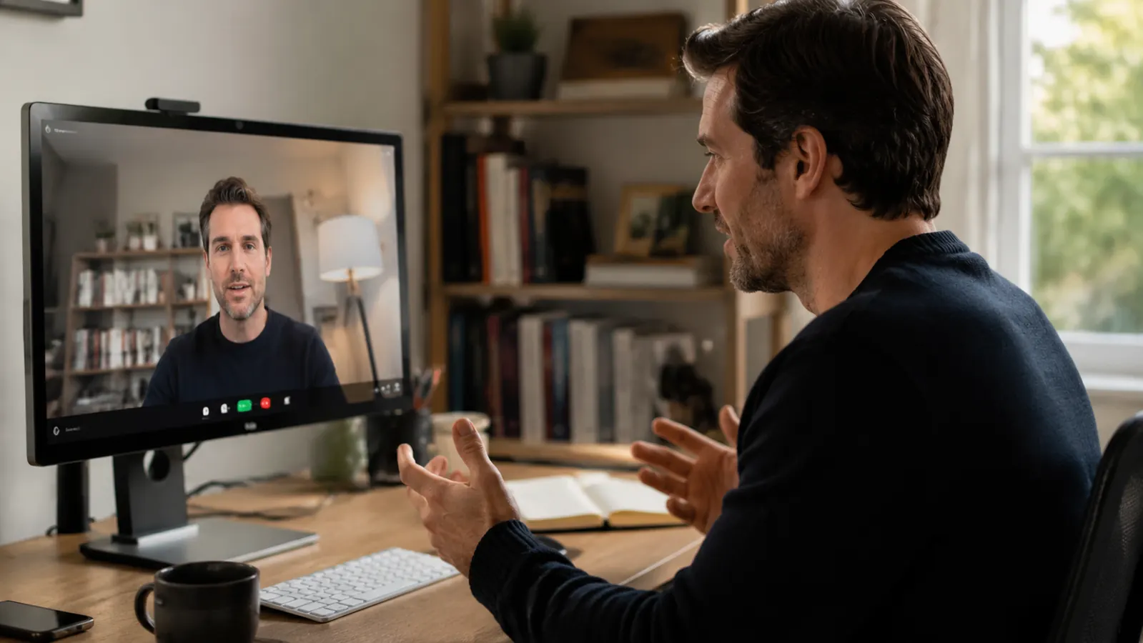 Remote worker on a professional-looking Zoom call with clear video quality at a tidy home office desk