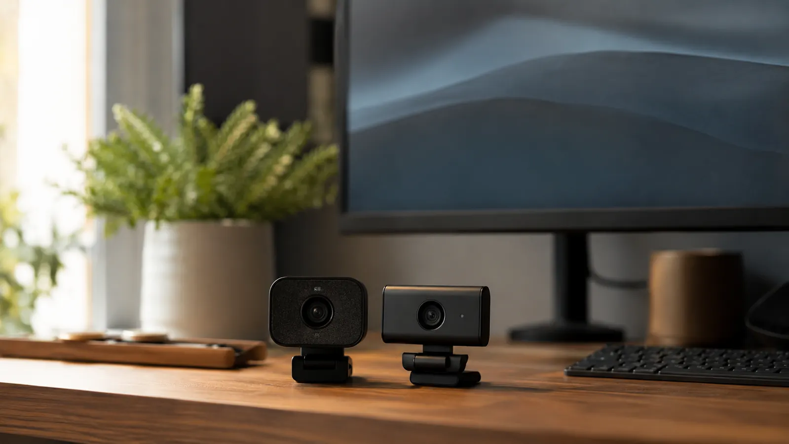 Two webcams side by side on a clean home office desk with a monitor in the background