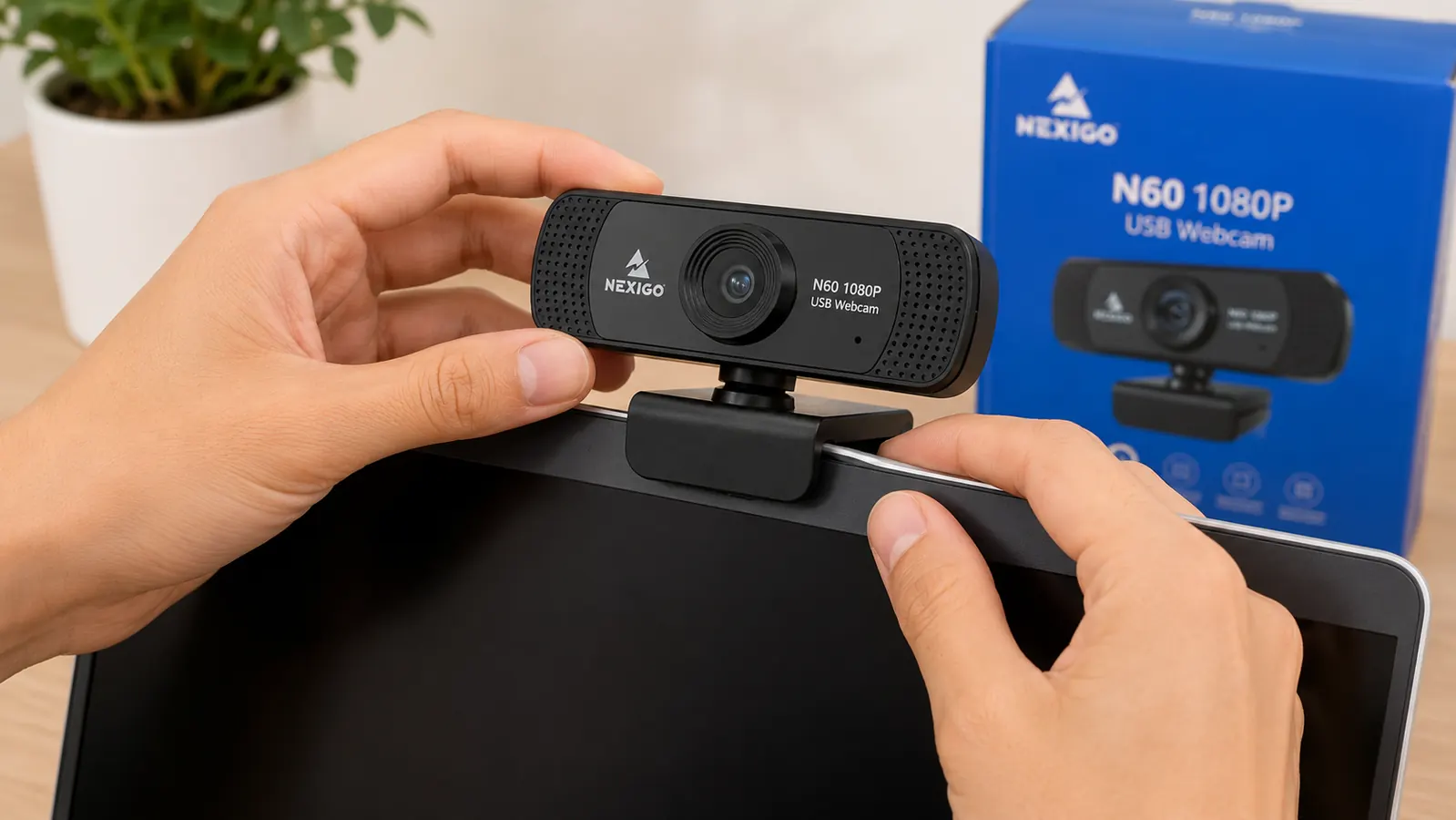 NexiGo N60 webcam being clipped onto a laptop screen by a hand, showing the mounting clip mechanism up close