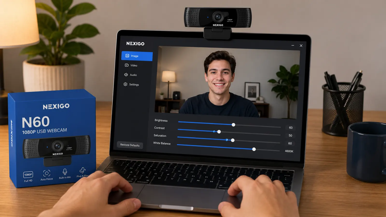 Screenshot of NexiGo webcam software control panel open on a Windows laptop screen showing brightness and contrast sliders