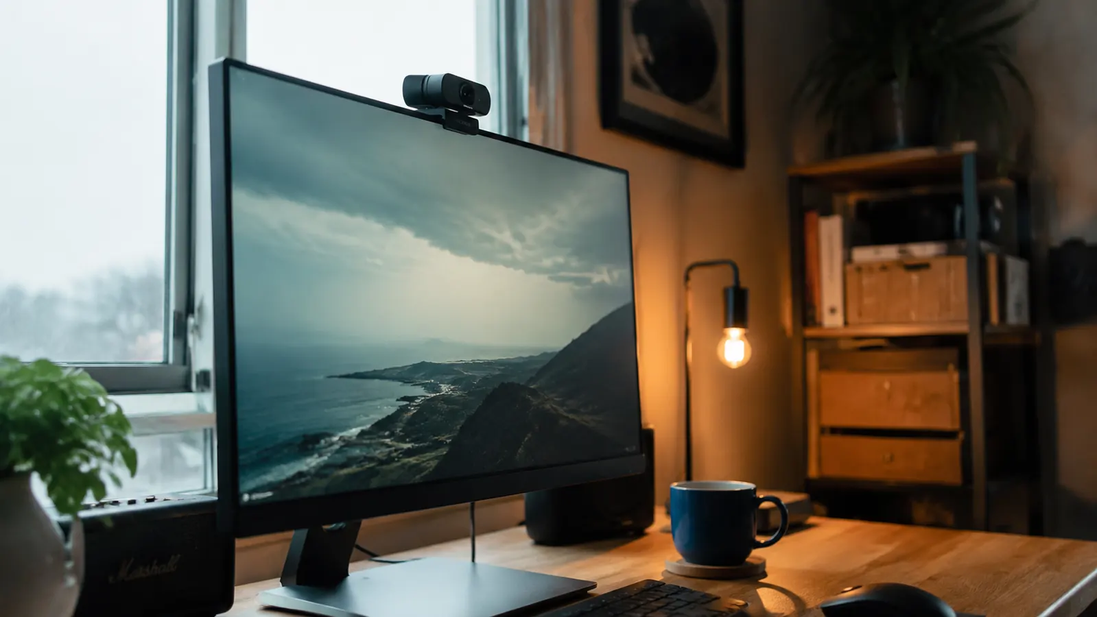 NexiGo N60 webcam mounted on a monitor in a home office with natural window light coming from the left
