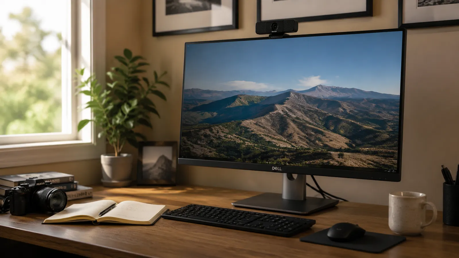 NexiGo N60 webcam mounted on a monitor in a clean home office with natural window light