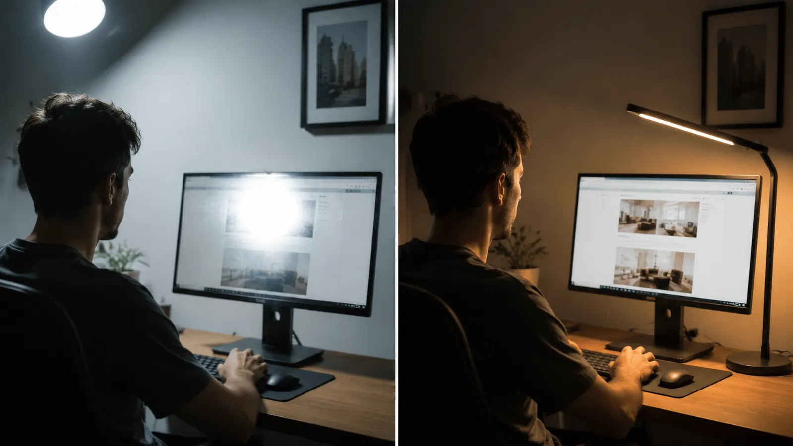 Side-by-side comparison of a cold bluish overhead light versus a warm LED desk lamp illuminating a workspace