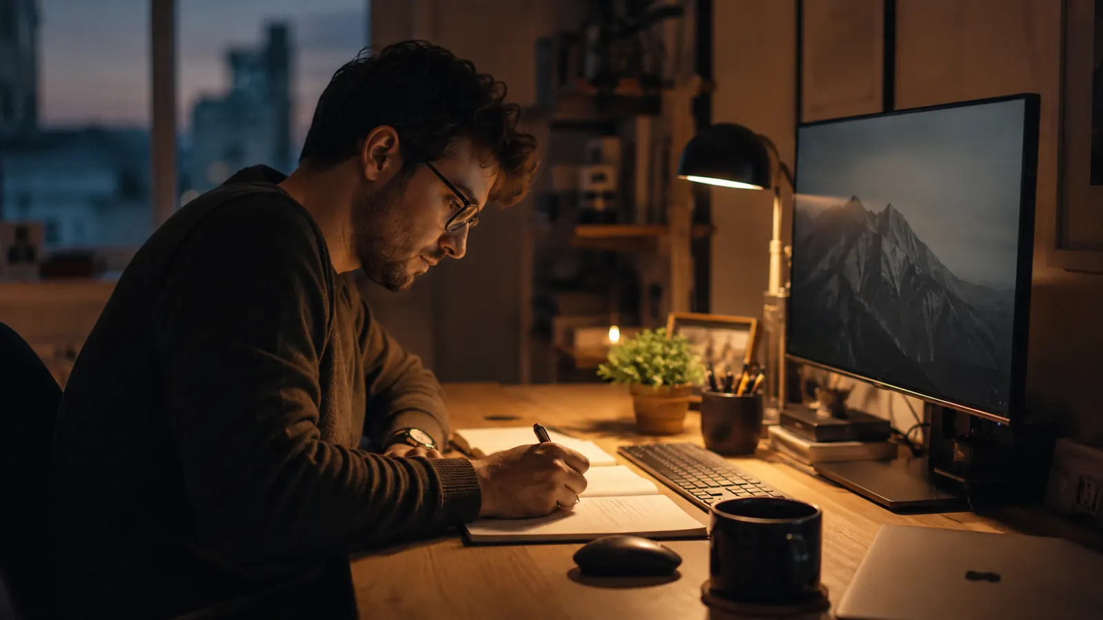 A clean home office desk at dusk with a warm LED desk lamp casting a focused pool of light on a keyboard and notebook