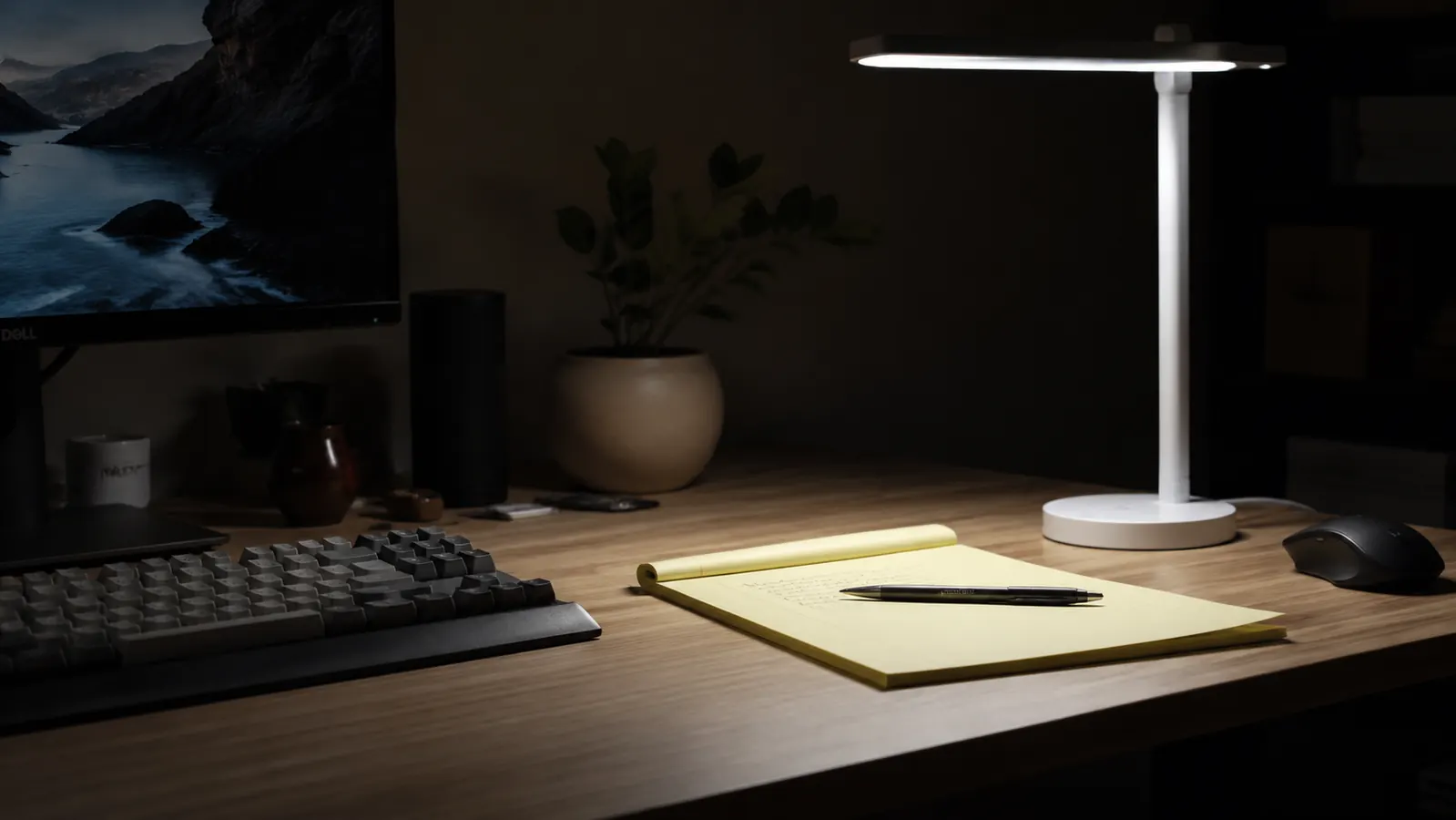 White Crown LED desk lamp illuminating a home office desk from above at a shallow neck angle, keyboard and notepad below, cool neutral light