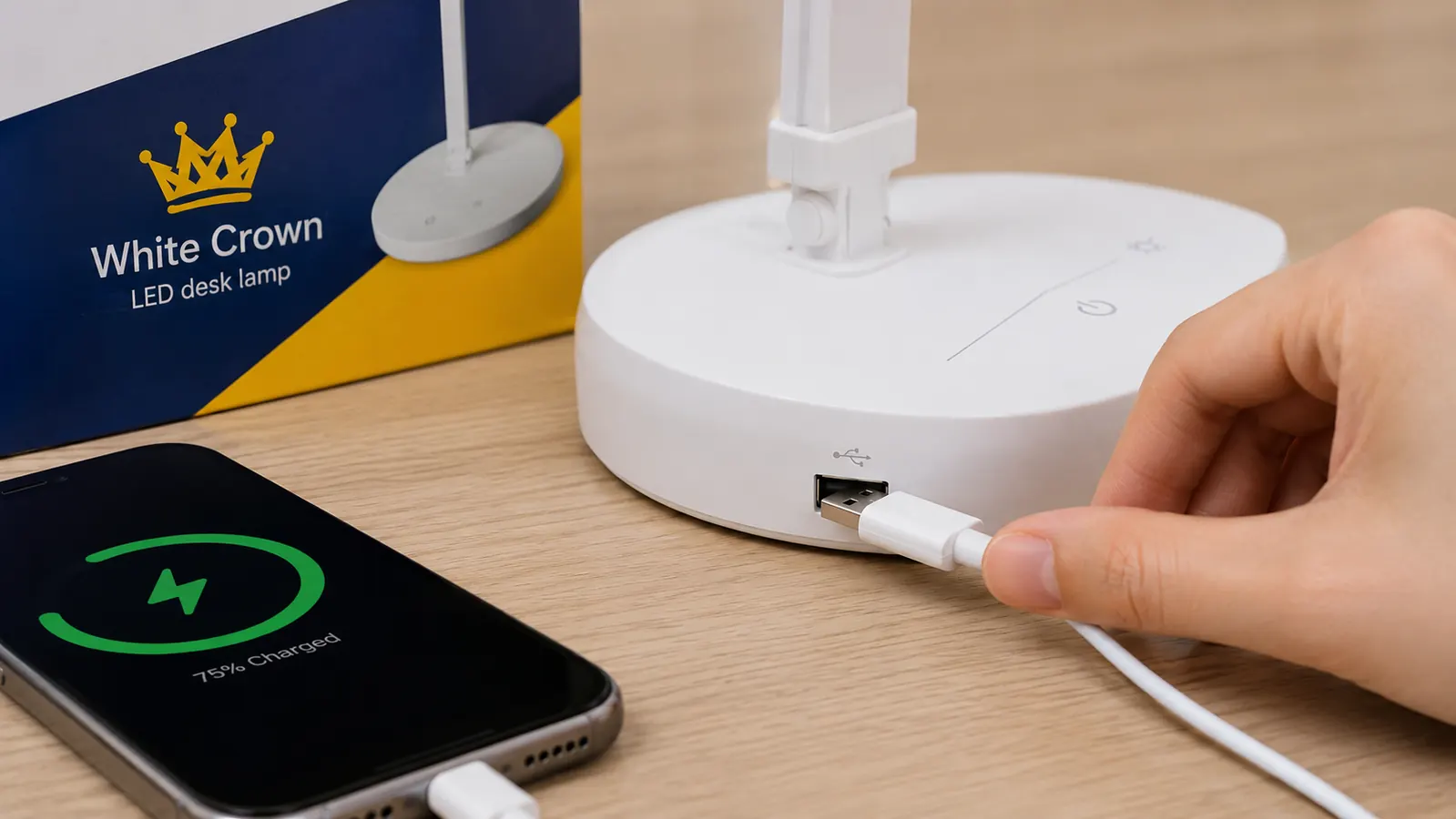 Close-up of the USB charging port on the side of the White Crown LED desk lamp base with a phone cable plugged in